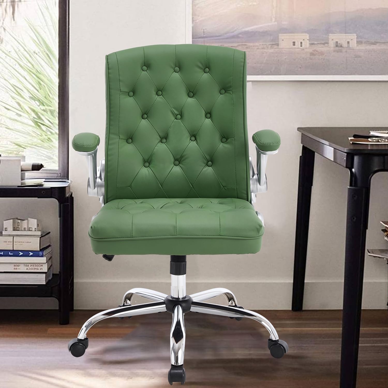 Mid-Back Leather Executive Office Chair with Flip-Up Arms