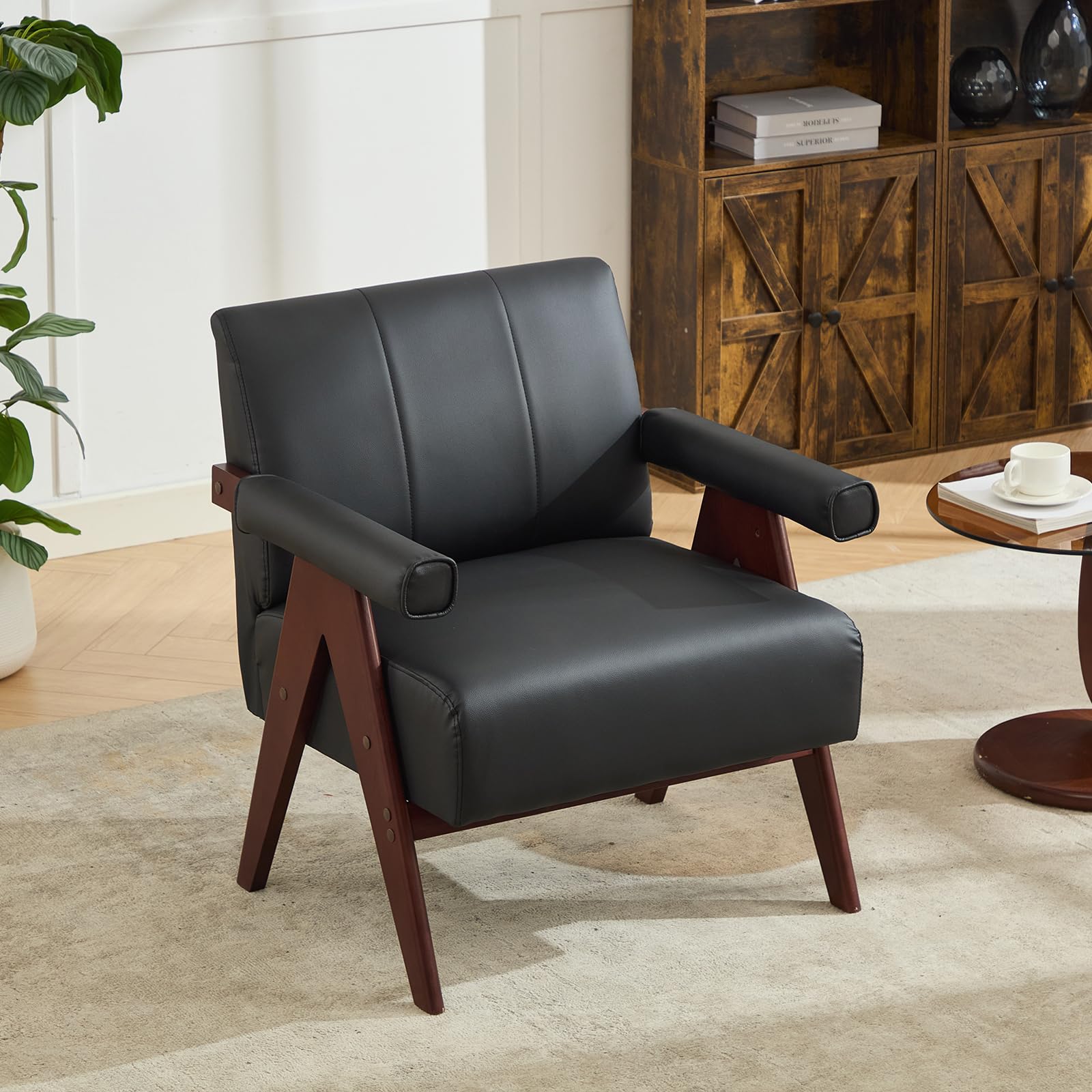 Mid-Century Modern Black Leather Accent Chair