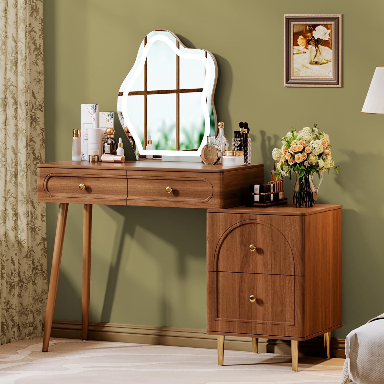 Corner Makeup Vanity Table with Lighted Mirror and 4 Drawers