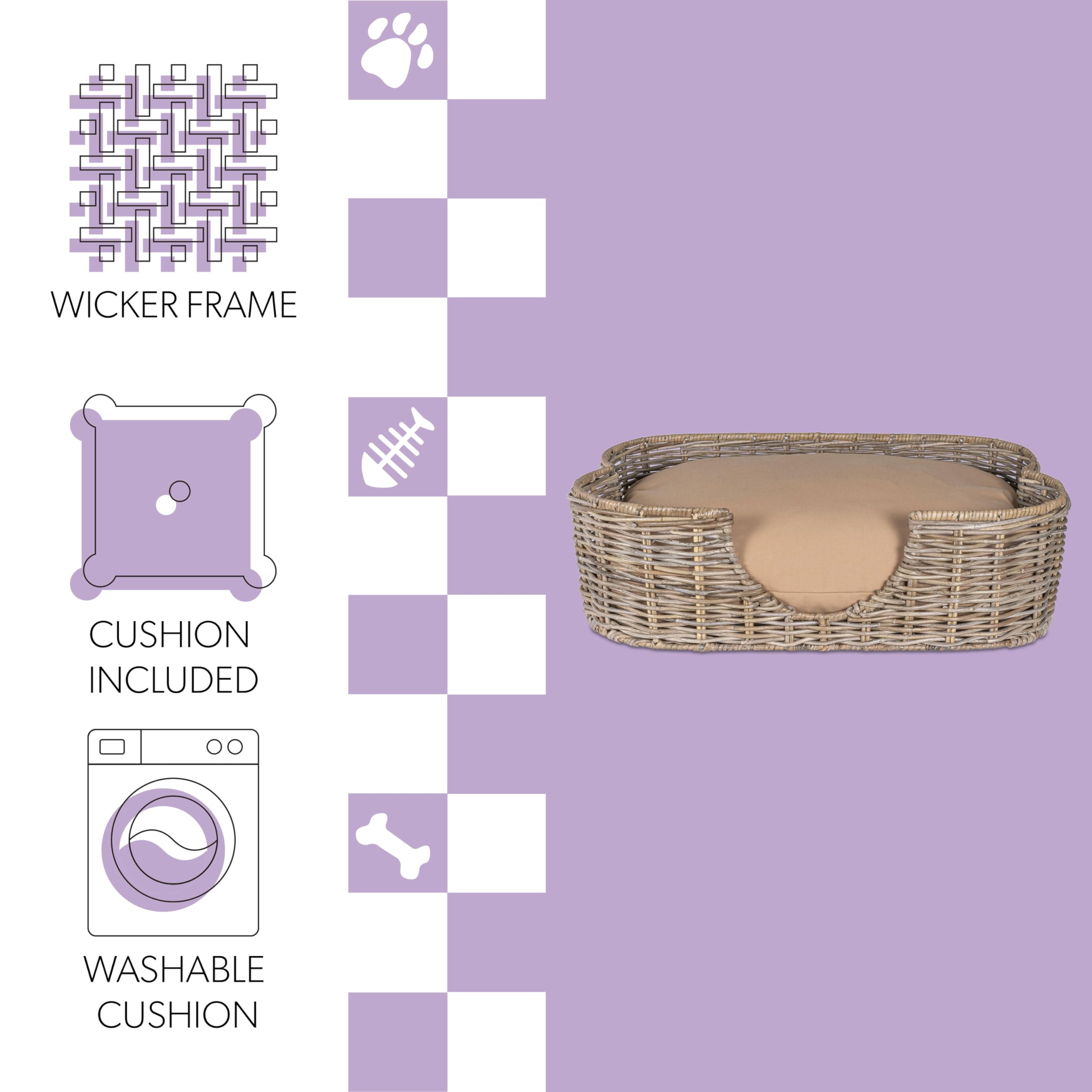 Scalloped Woven Rattan Dog Bed with Washable Cushion