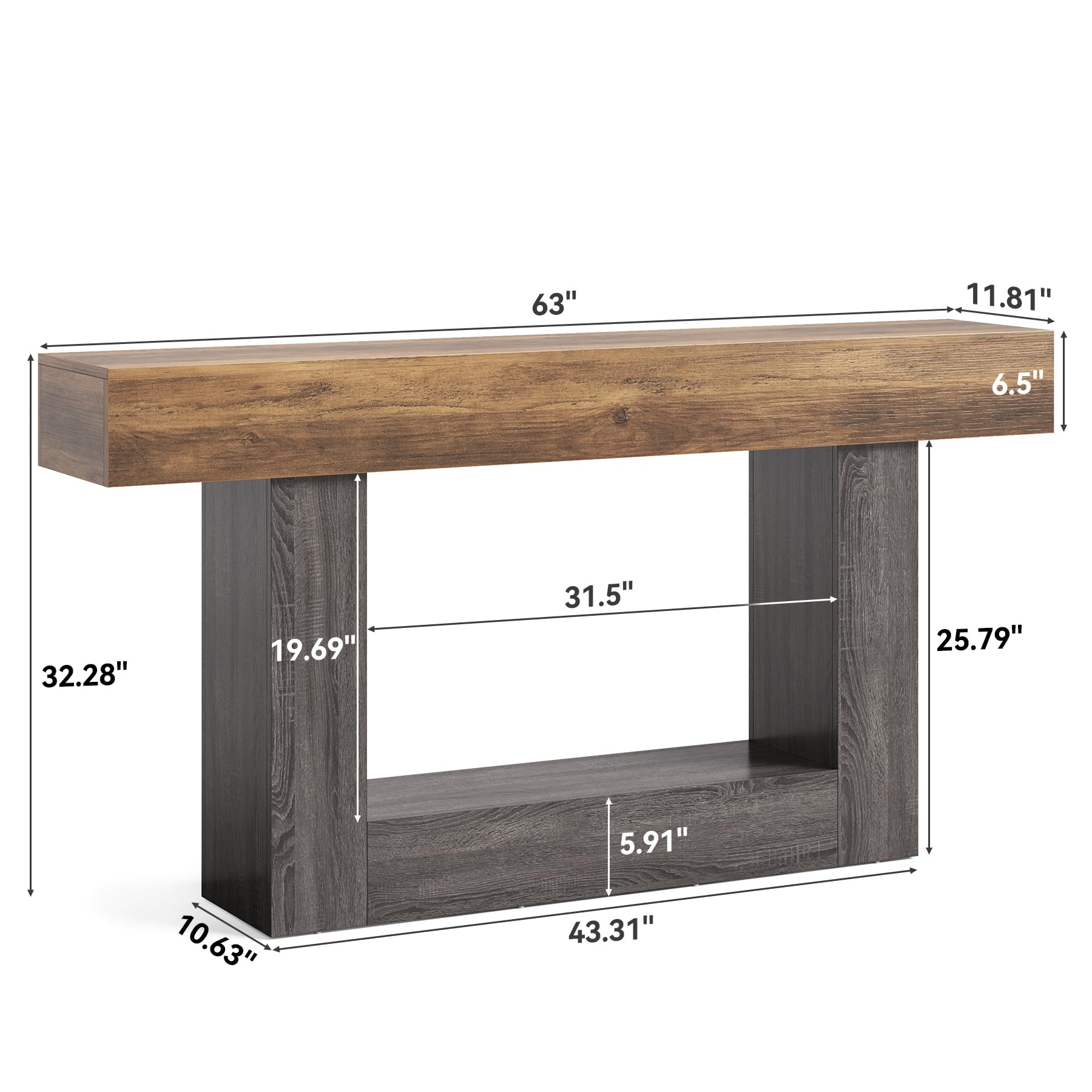 63 Inch 2-Tier Farmhouse Console Table with Heavy Duty Base