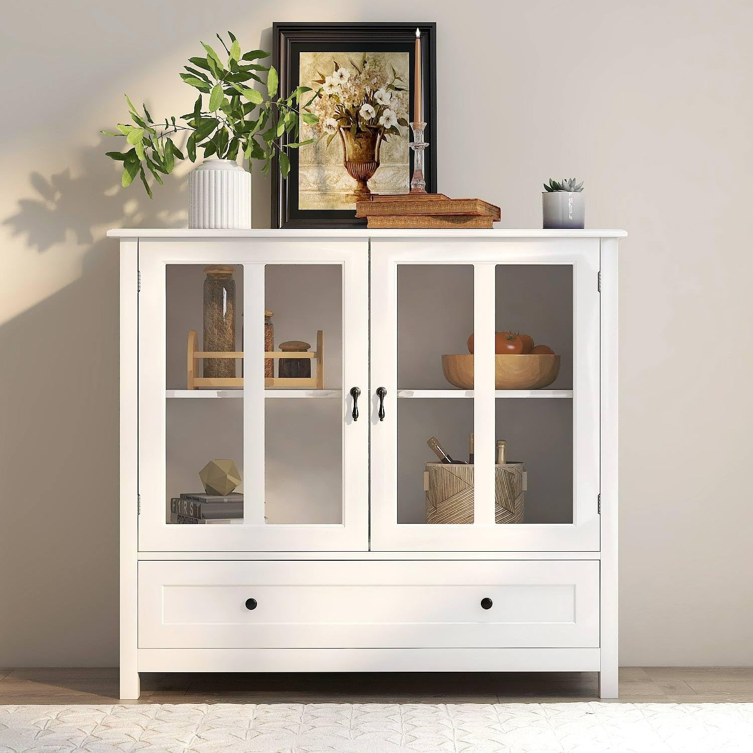 Wooden Storage Cabinet with Glass Doors and Drawer