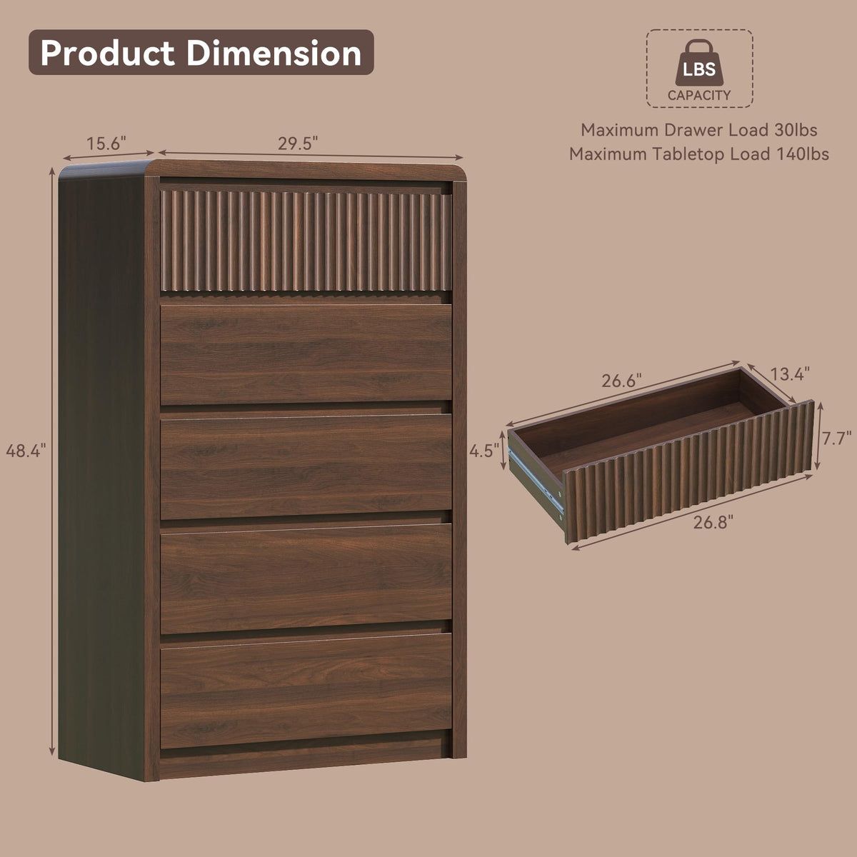 48" Fluted 5-Drawer Dresser with Curved Profile and Handleless Design