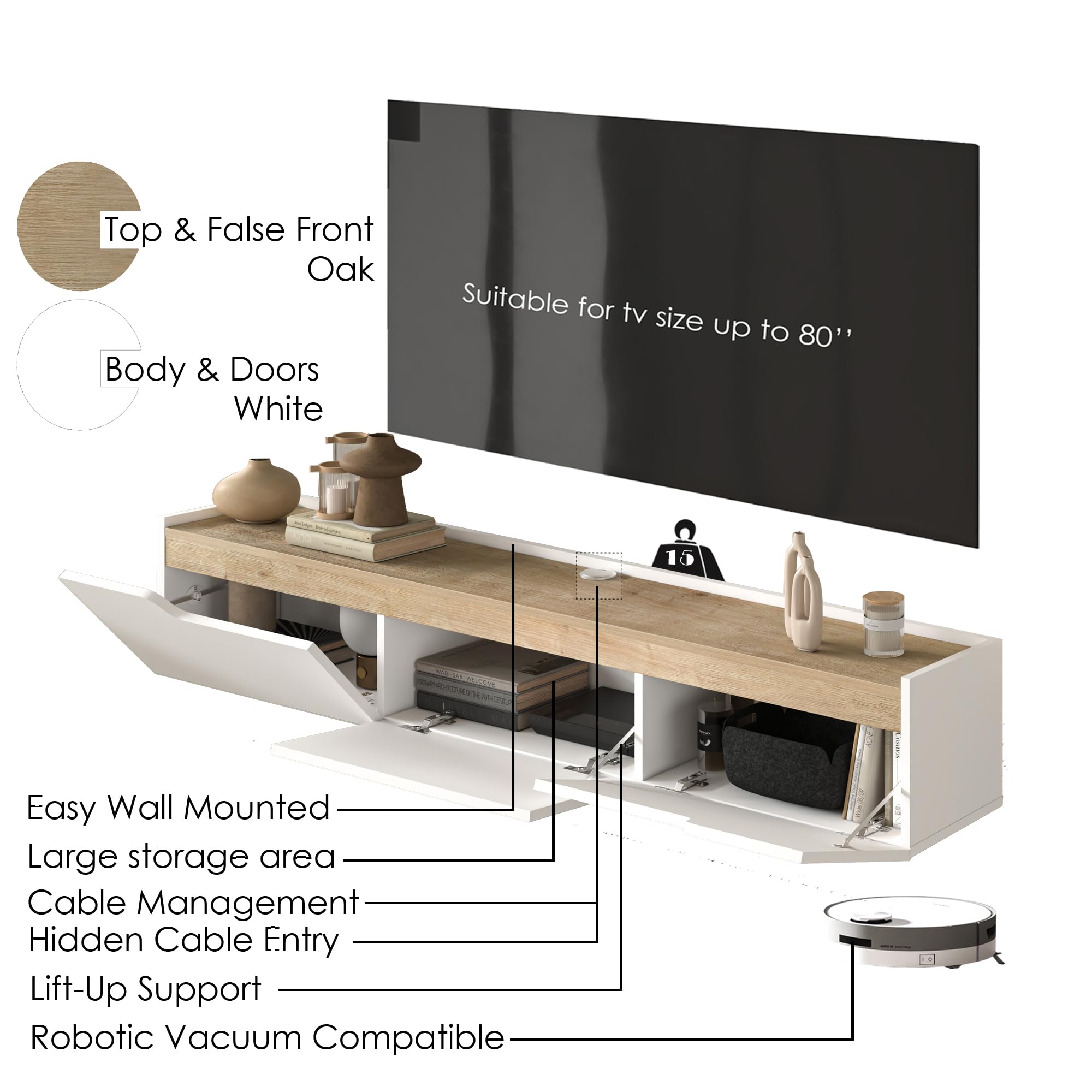 Floating TV Stand for 80 Inch TVs with Cable Management