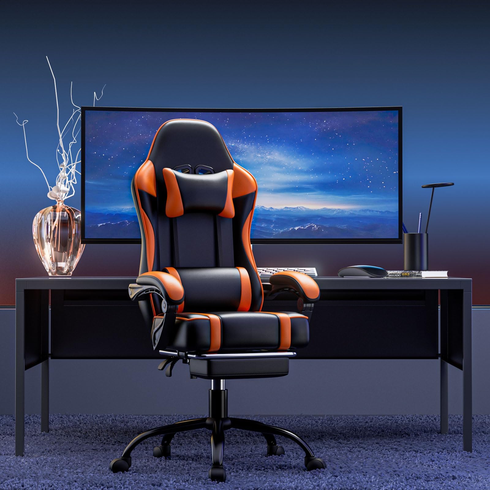 Gaming Chair with Footrest and Lumbar Support