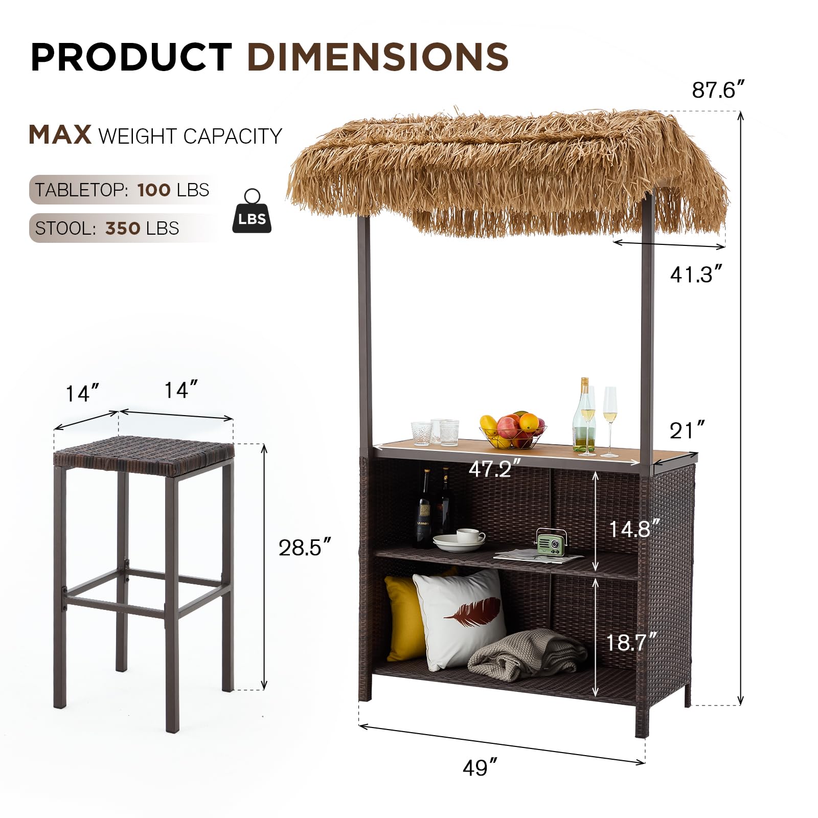 Outdoor Tiki Bar Set with 2 Stools