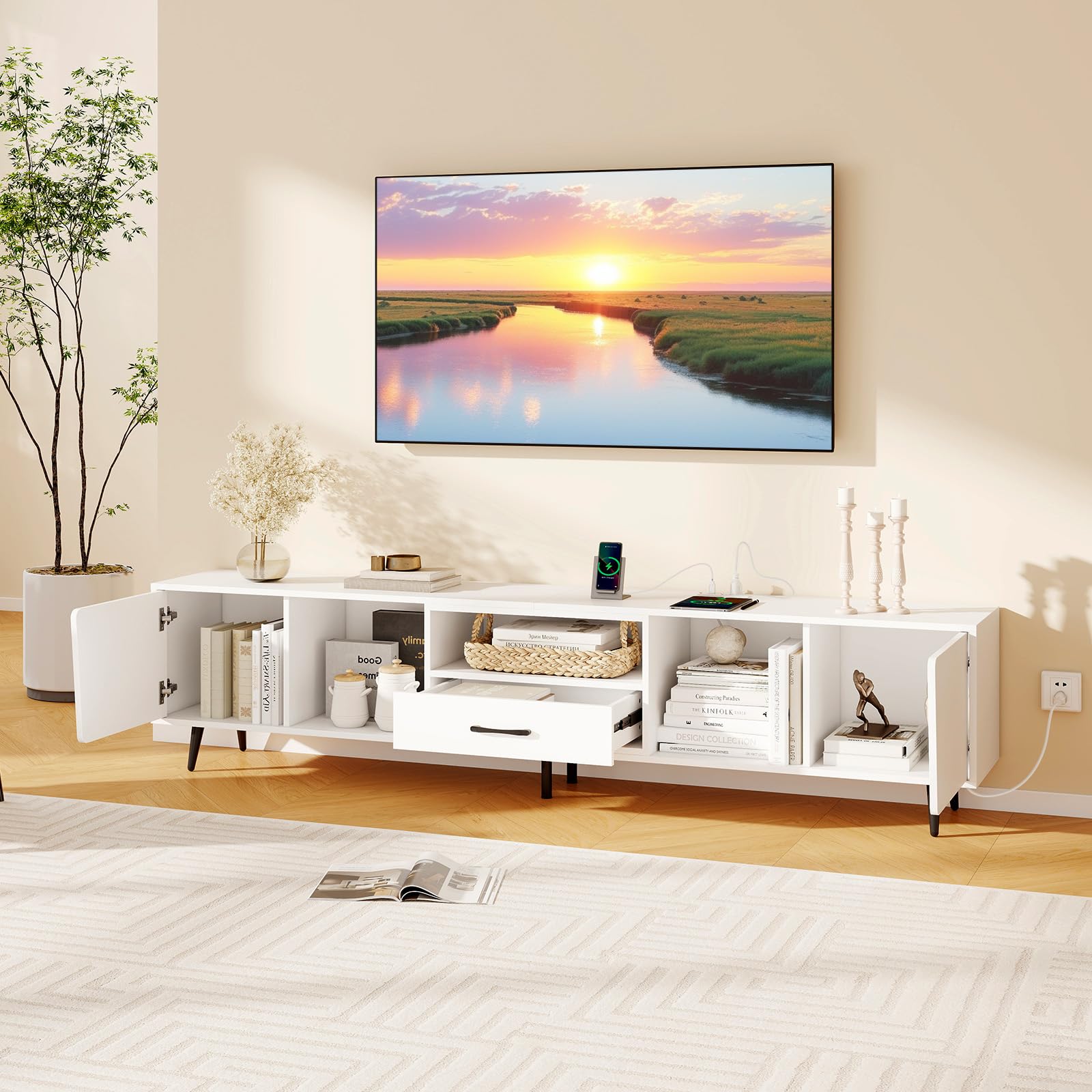 79" White TV Stand with Power Outlets and Storage
