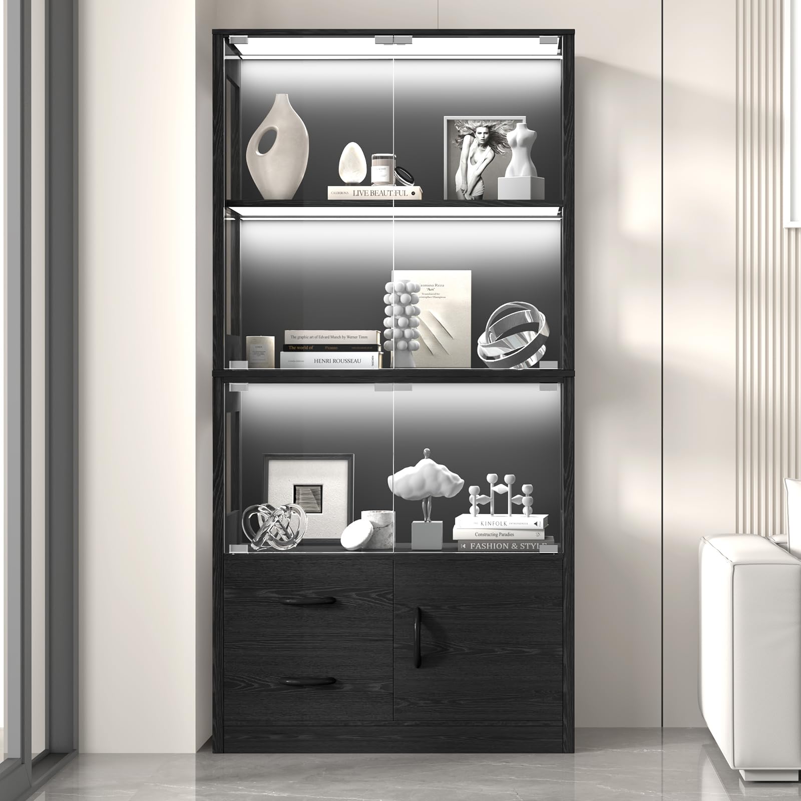 4-Tier Display Cabinet with Glass Doors and LED Lights