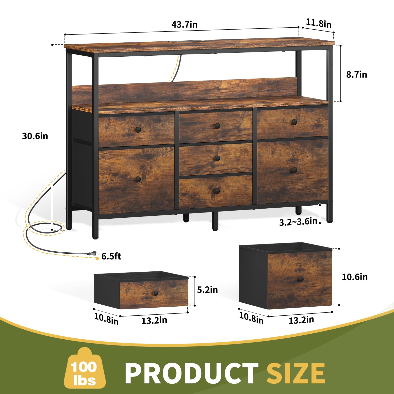 LED TV Stand with 7 Drawers and Power Outlets