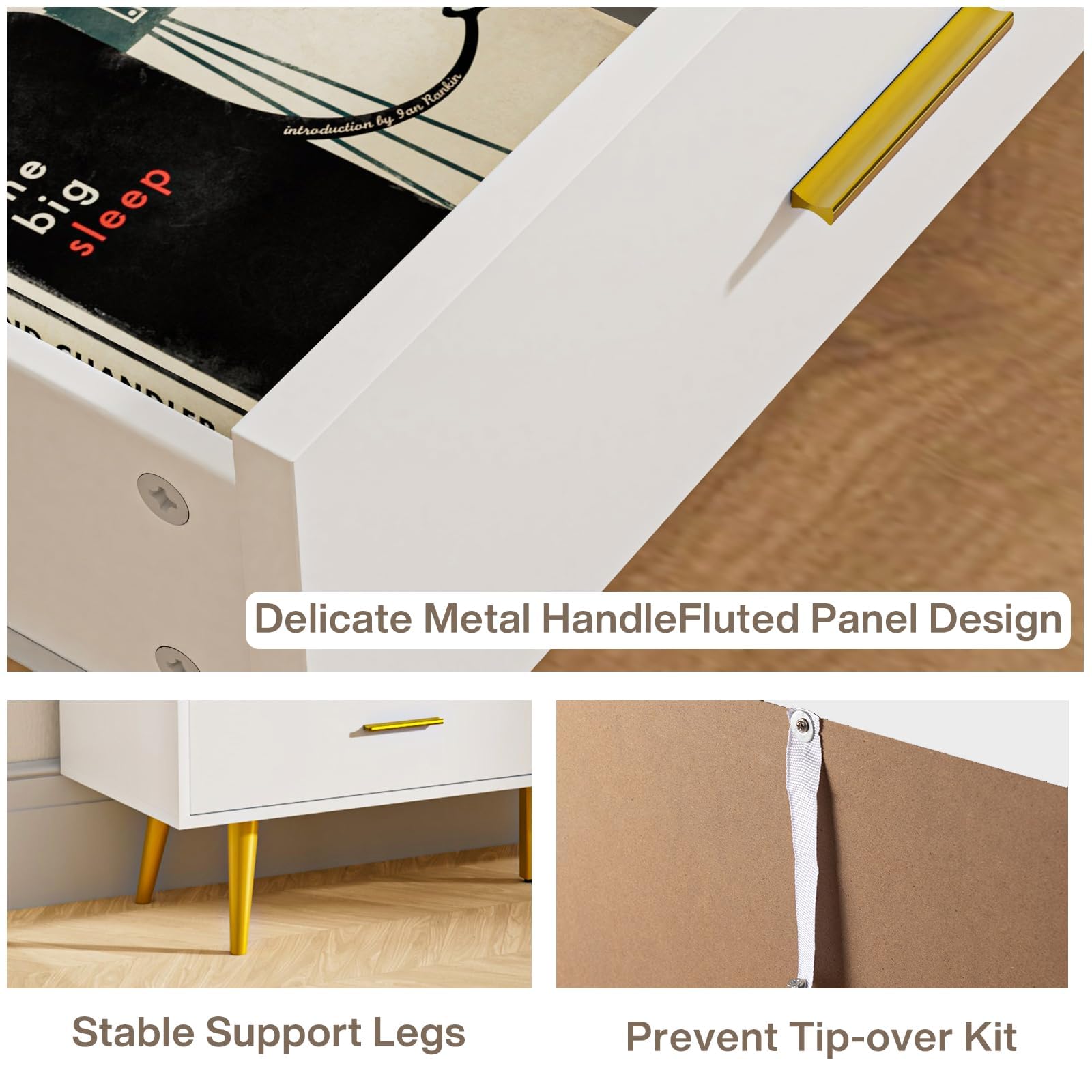 6 Drawer White Dresser with Gold Handles