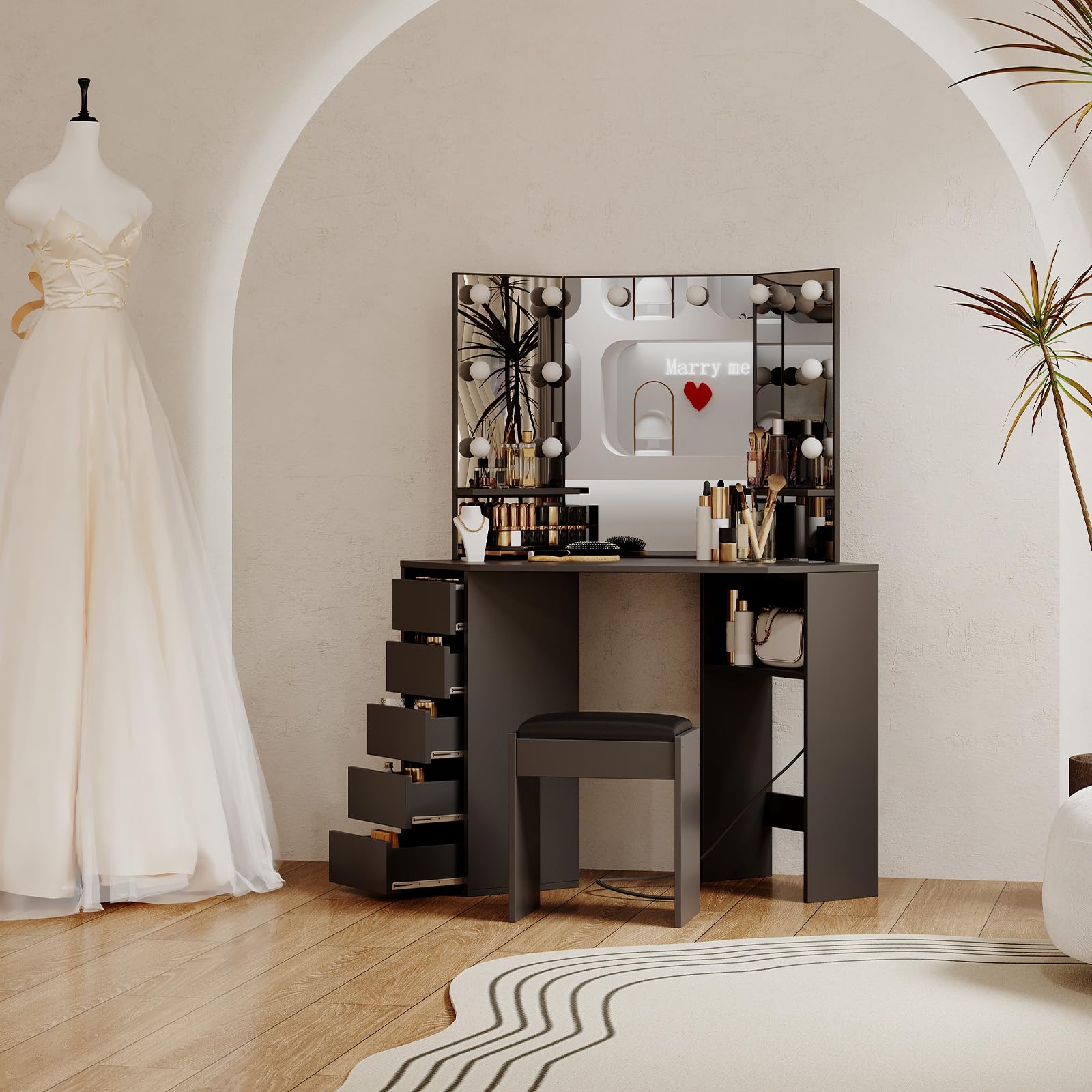Corner Vanity Desk with Mirror and LED Lights