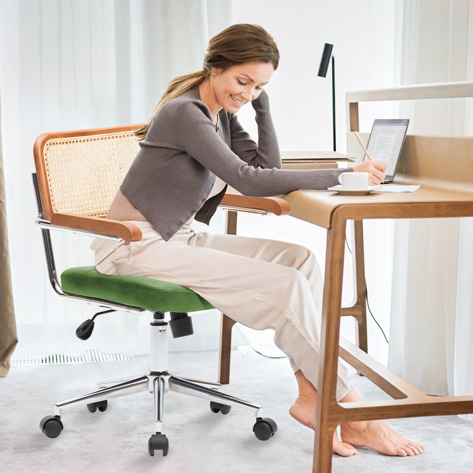 Rattan Office Chair with Wood Armrest