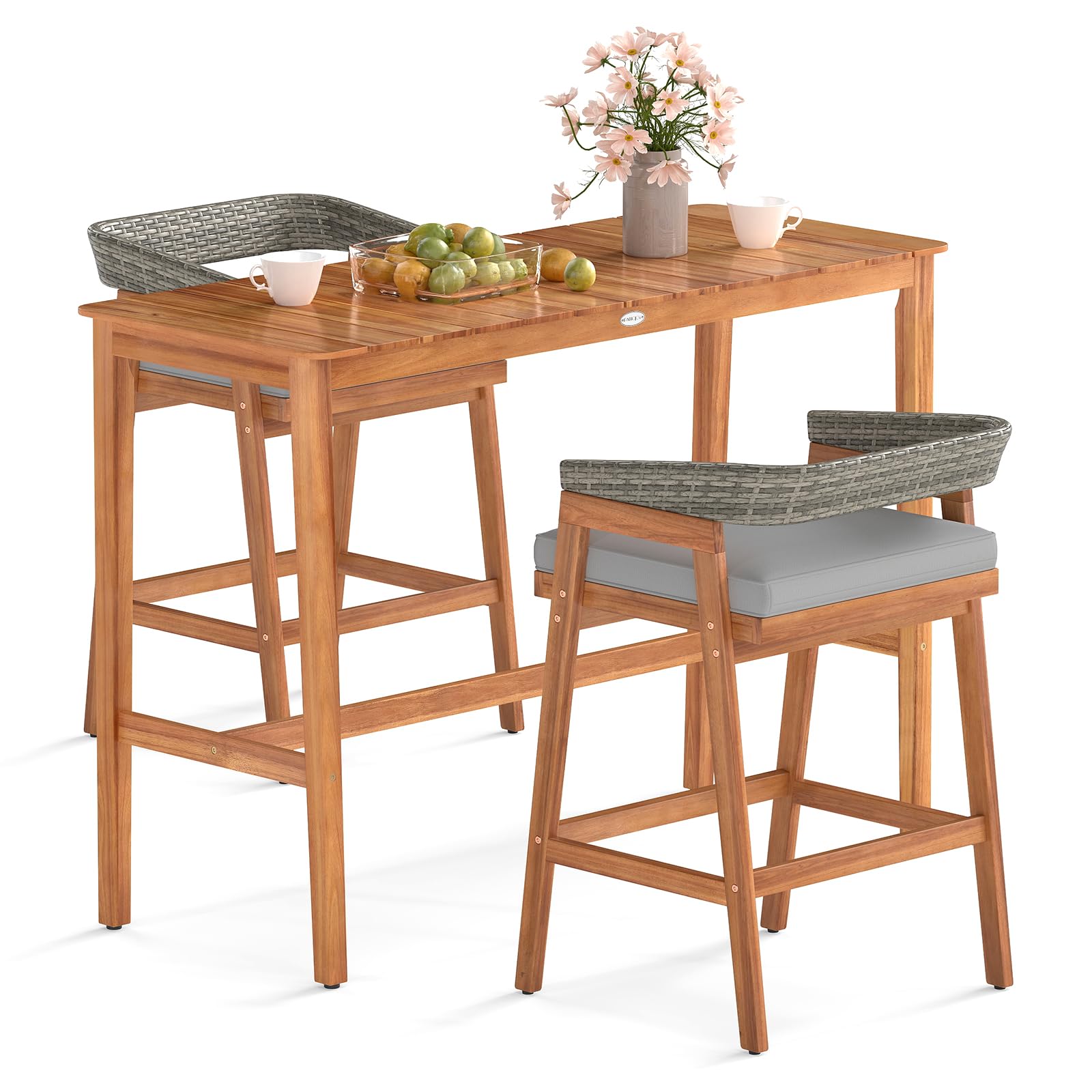 3 Piece Outdoor Bar Set with Acacia Wood Table and Cushioned Barstools