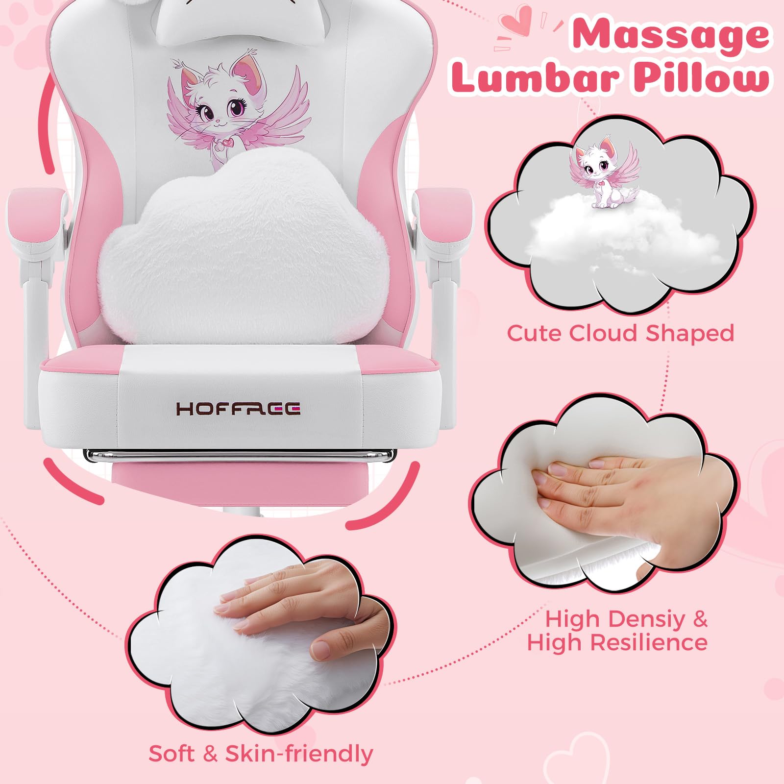 Pink Gaming Chair with Cat Ears and Massage Lumbar