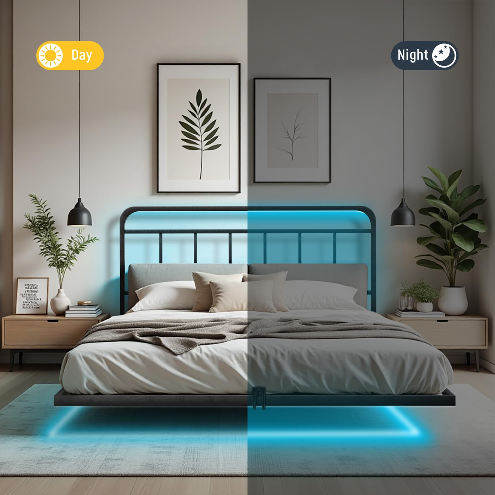 Floating Full Size Platform Bed Frame with LED Lights & Charging Station