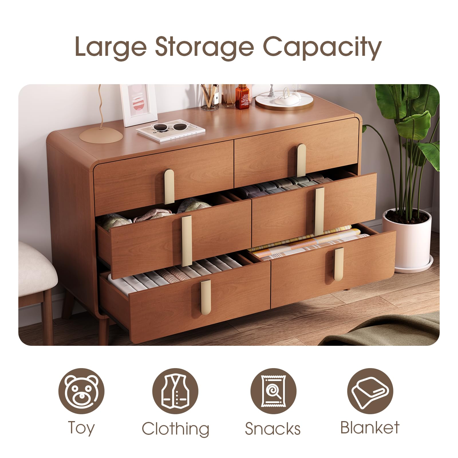 6-Drawer Mid Century Modern Dresser 47" Wide Cherry Wood
