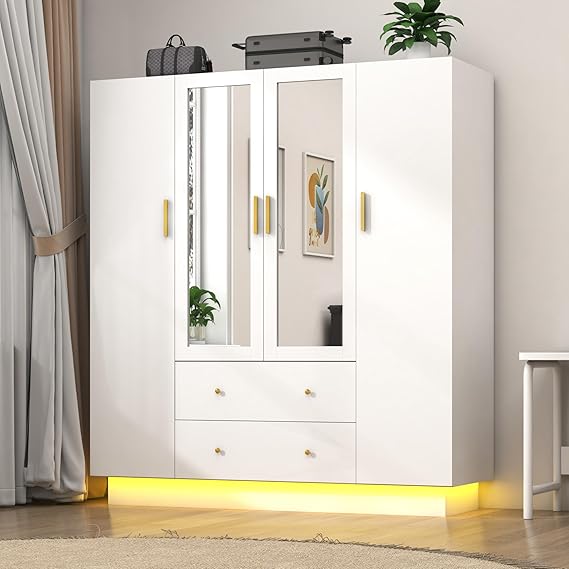 3 Door Wardrobe Closet with Mirror LED Lights Drawers Shelves