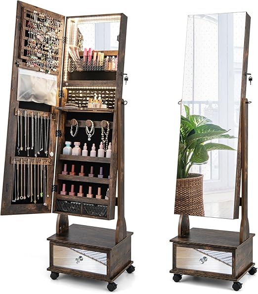 Rolling Jewelry Armoire with Full Length Mirror and LED Lights