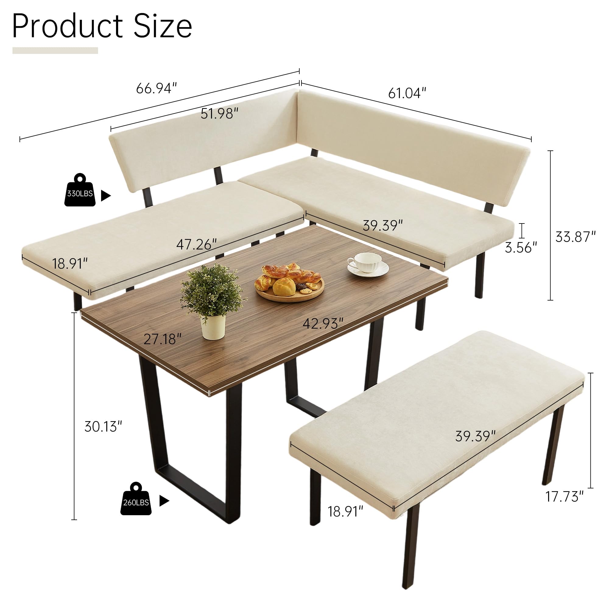 3-Piece Corner Dining Table Set with Bench