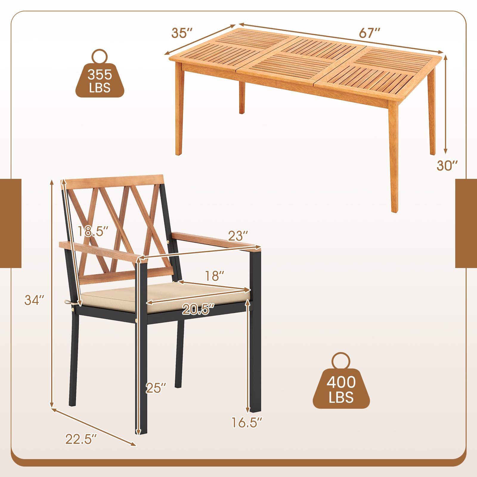 Tangkula 7 Piece Wood Outdoor Dining Set for 6, Rectangular Patio Acacia Wood Table Set with 6 Cushioned Chairs, Umbrella Hole, Heavy Duty Metal Frame for Deck Porch Backyard