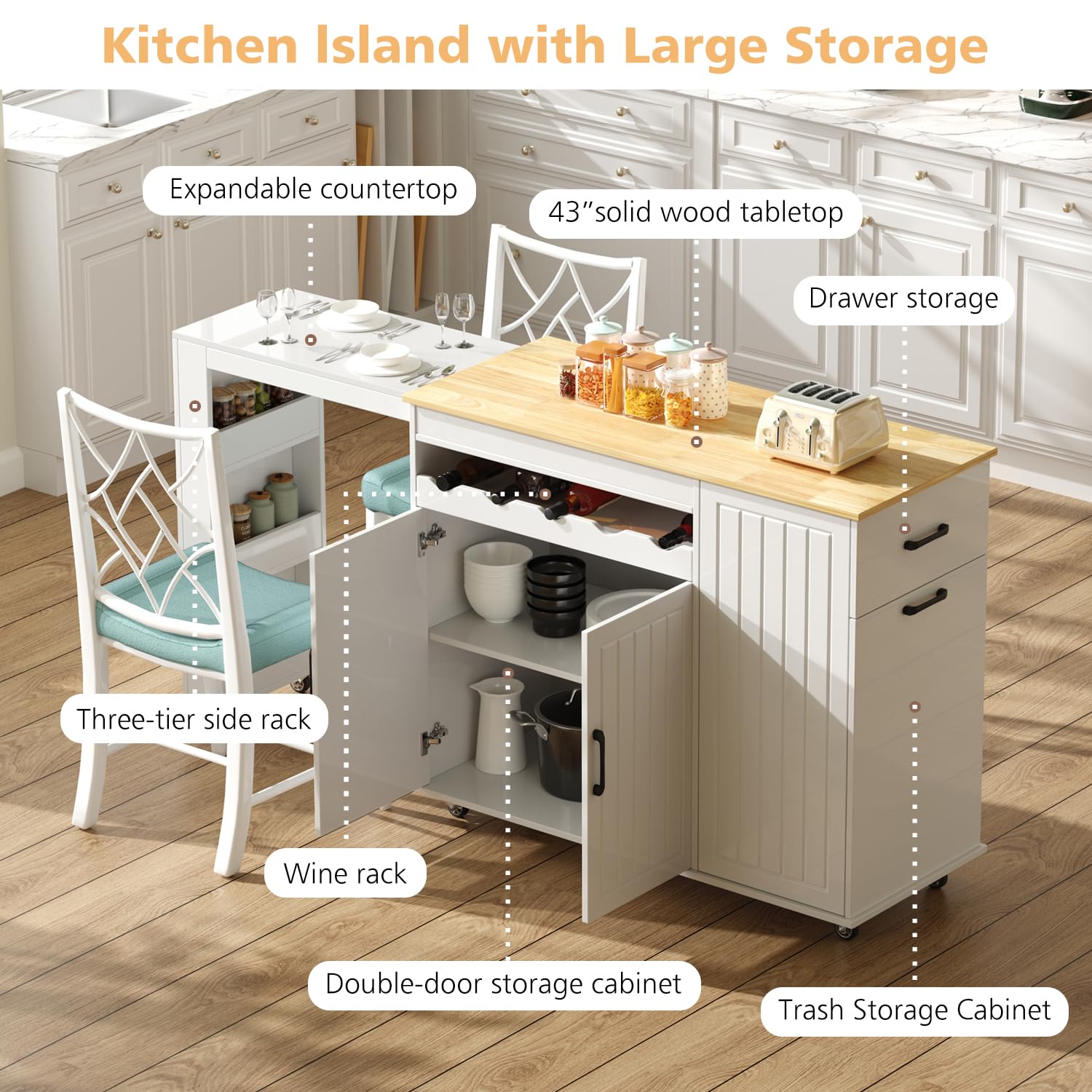 Rolling Kitchen Island with Extendable Dining Table and Storage