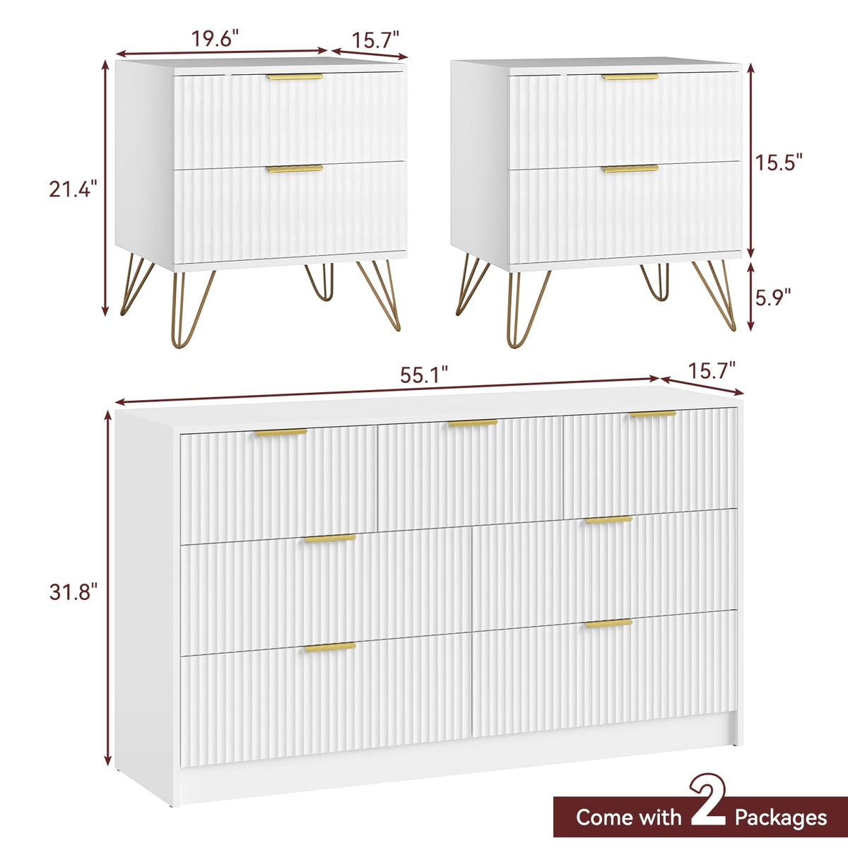 7 Drawer Dresser and Nightstand Set - White with Gold Handles