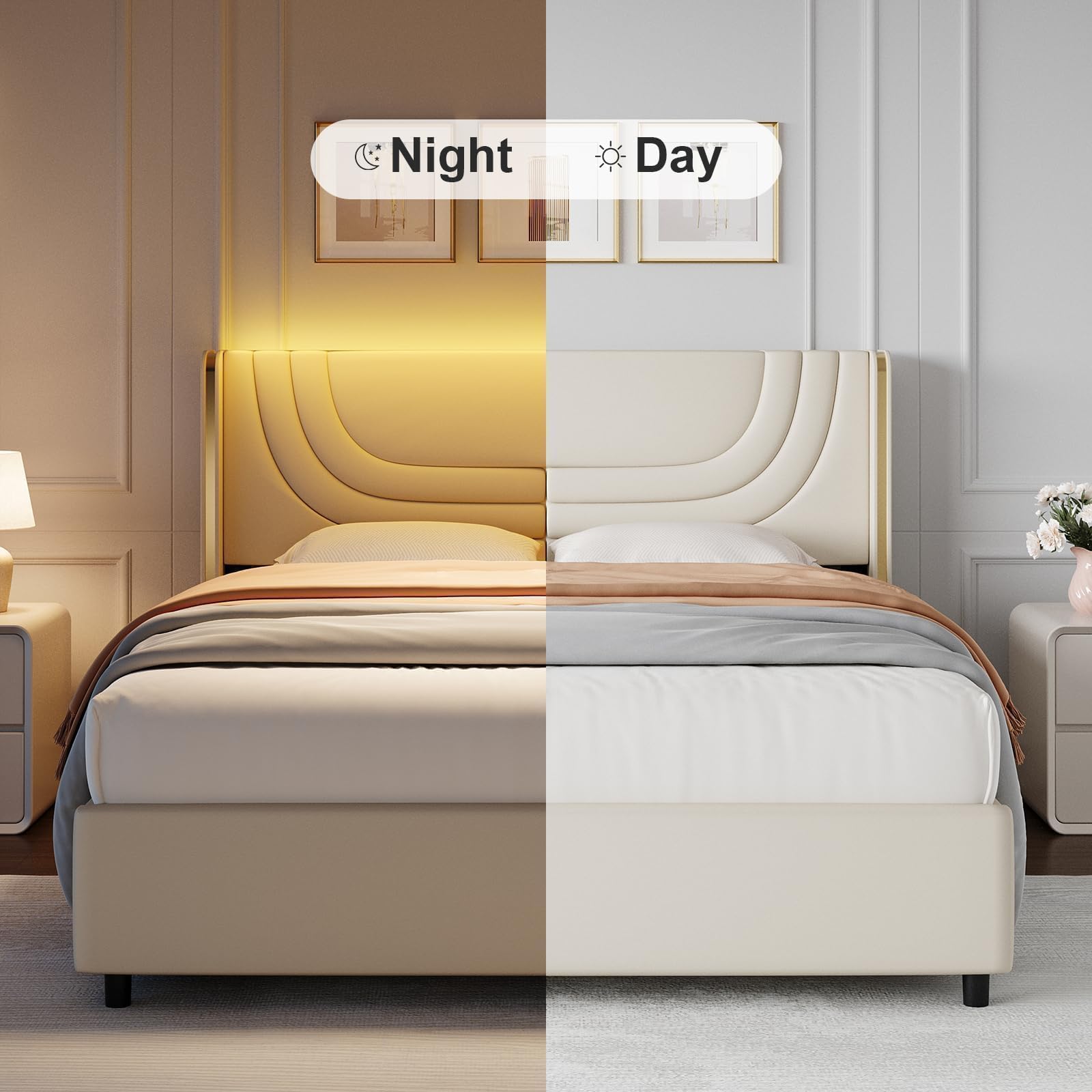 Queen Bed Frame with LED Lights and Faux Leather Upholstered Headboard
