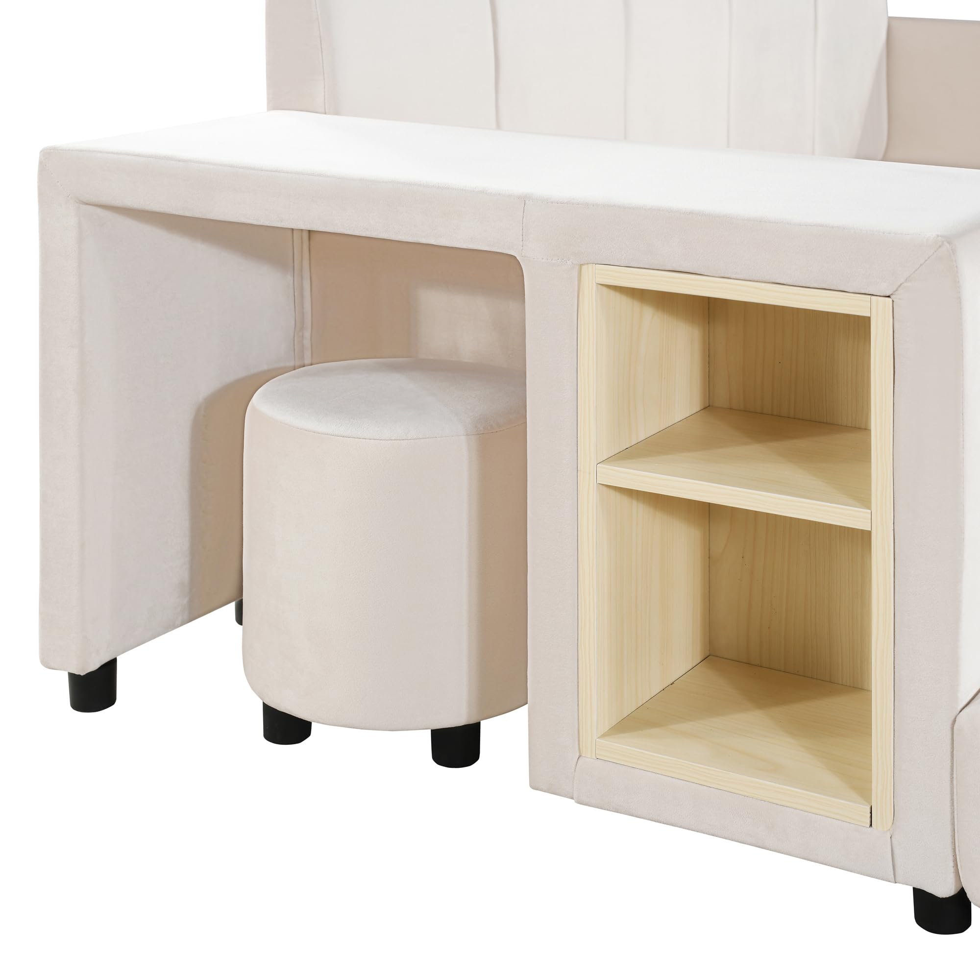 Full Size Velvet Upholstered Platform Bed with Bedside Desk