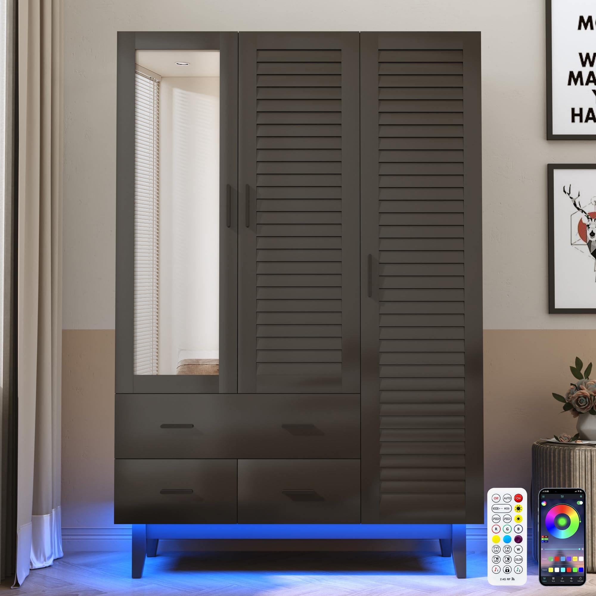 3 Door Armoire Wardrobe with LED Lights and Drawers