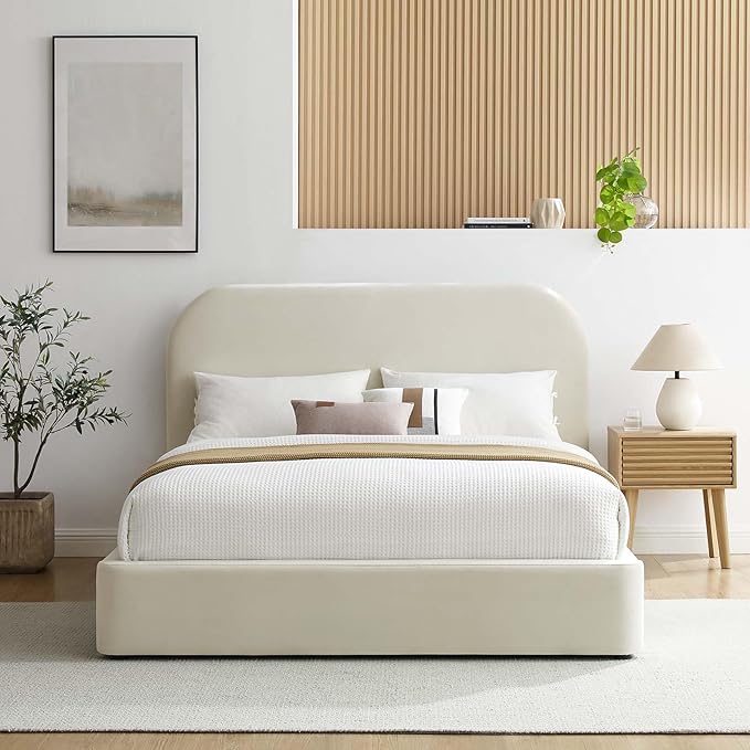 King Size Upholstered Platform Bed Frame with Curved Headboard