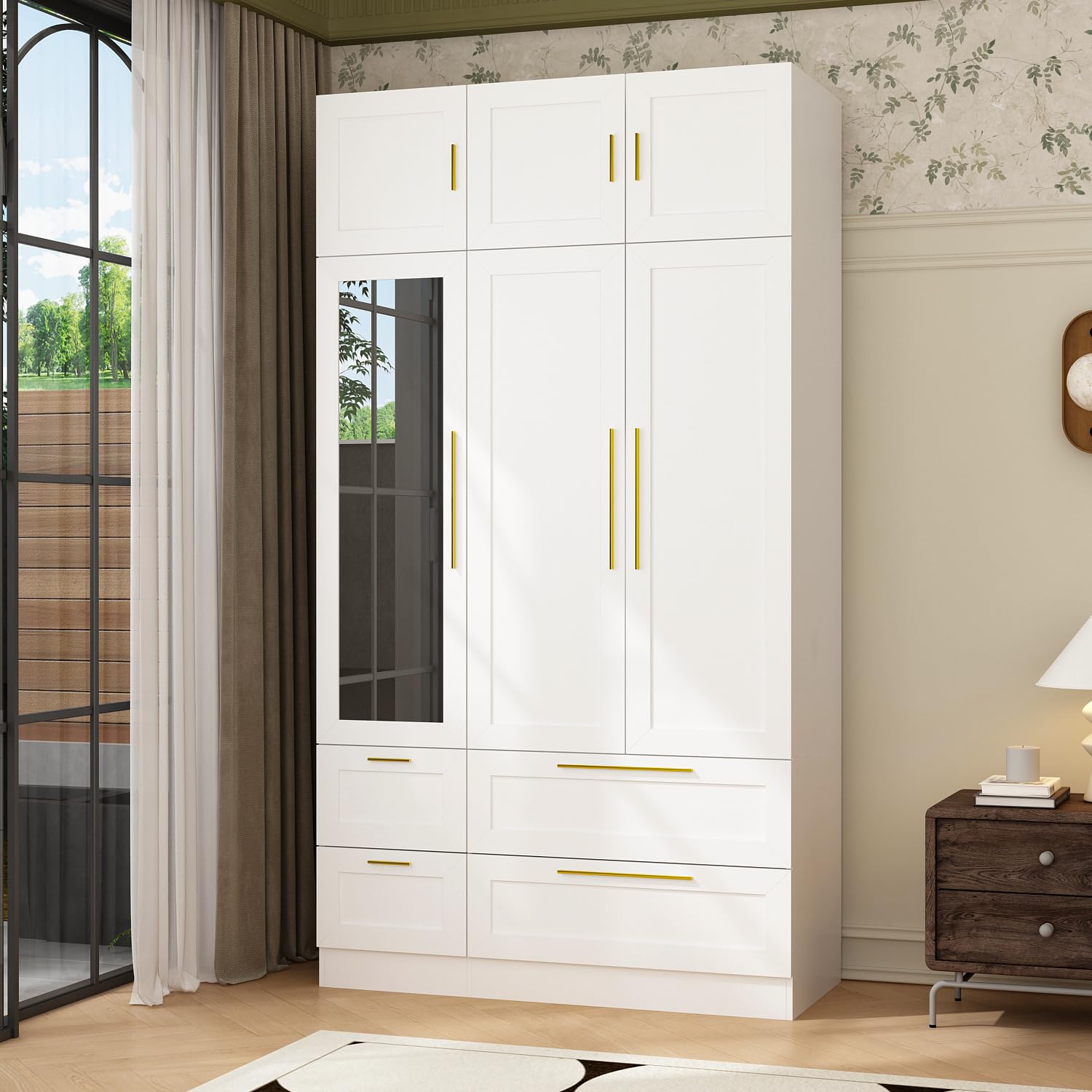 3-Door Wardrobe Closet with Mirror and Drawers