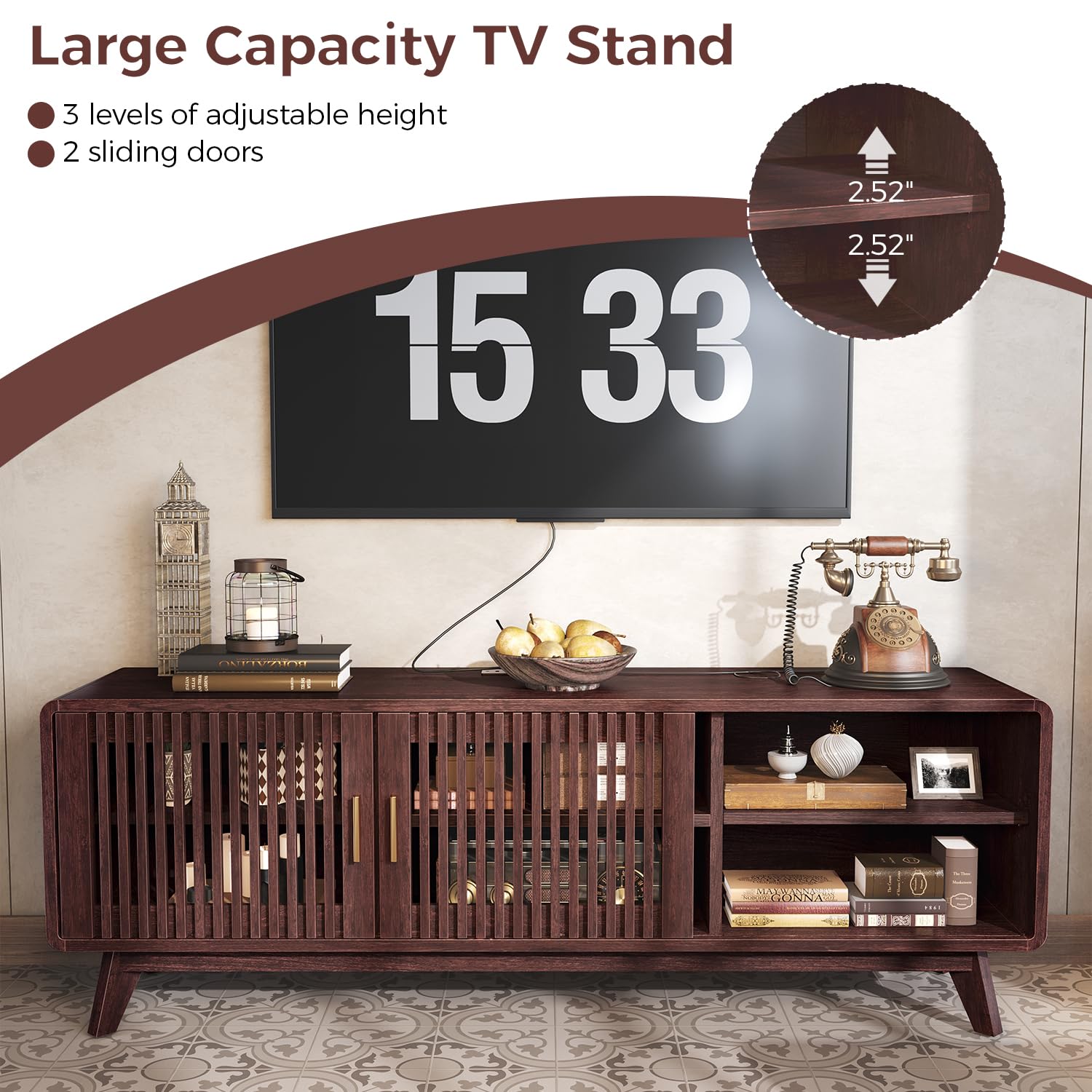 63" TV Stand with Sliding Doors and Charging Station