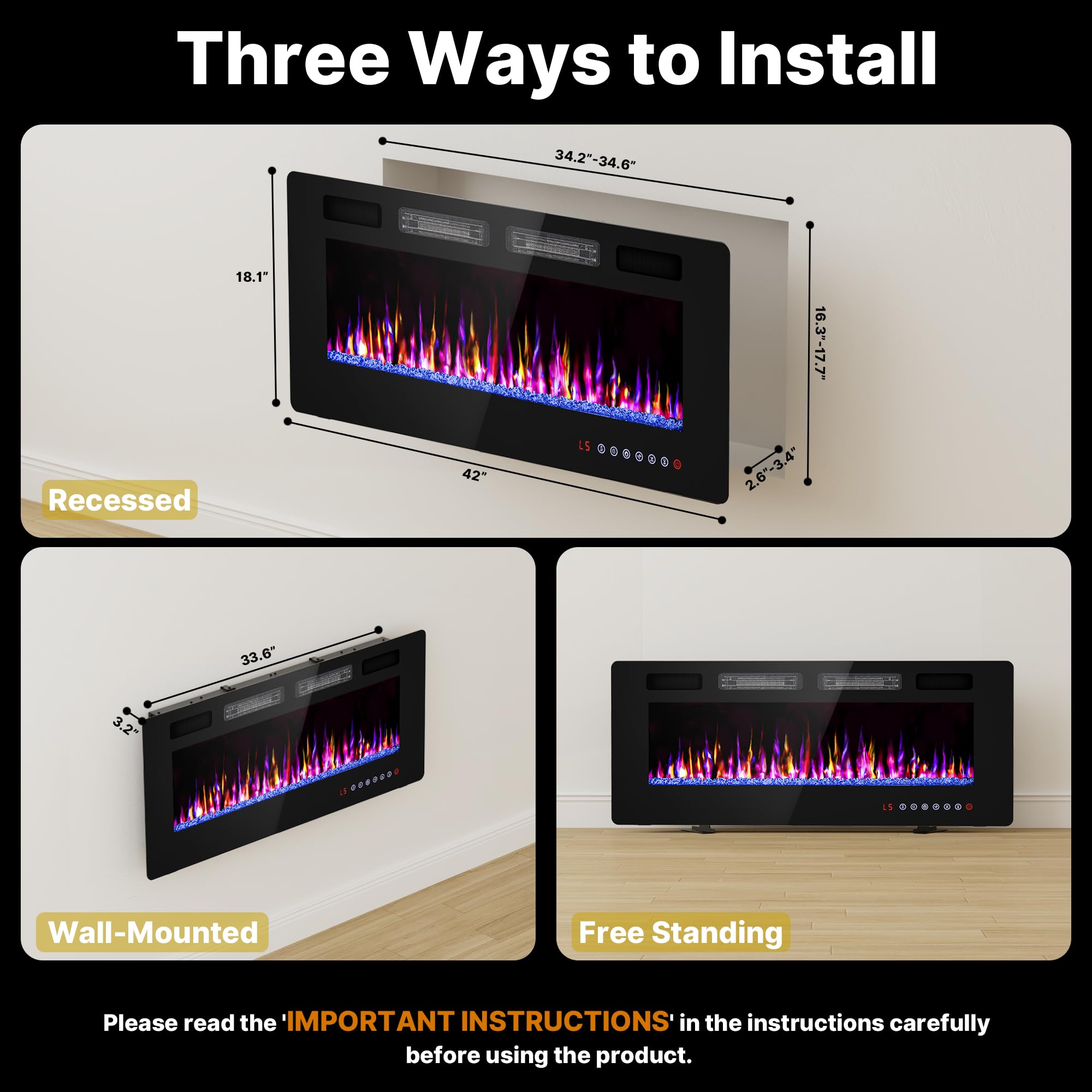 42" Electric Fireplace Wall Mounted & Freestanding LED Insert