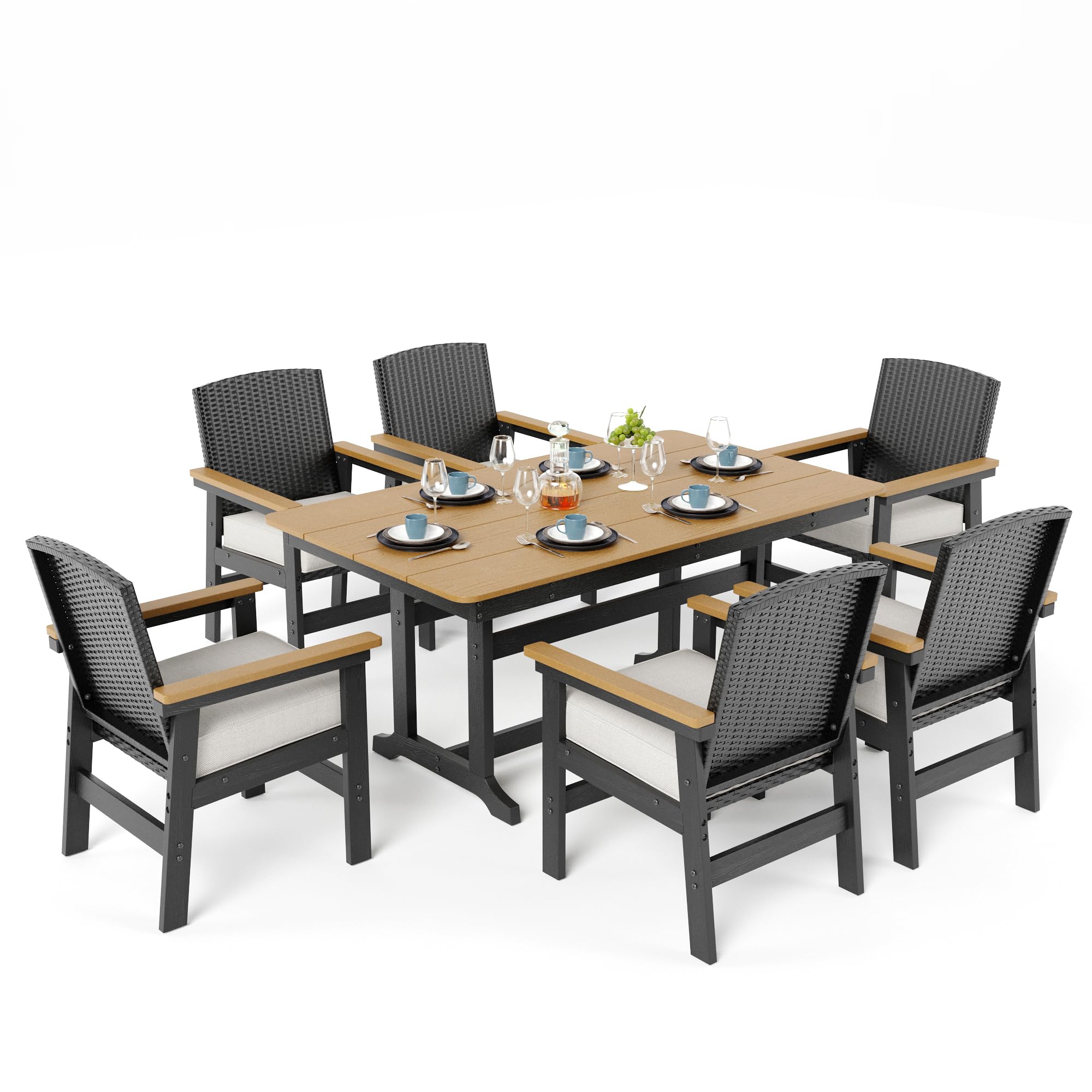 7-Piece HDPE Outdoor Dining Set with Wicker Rattan Chairs