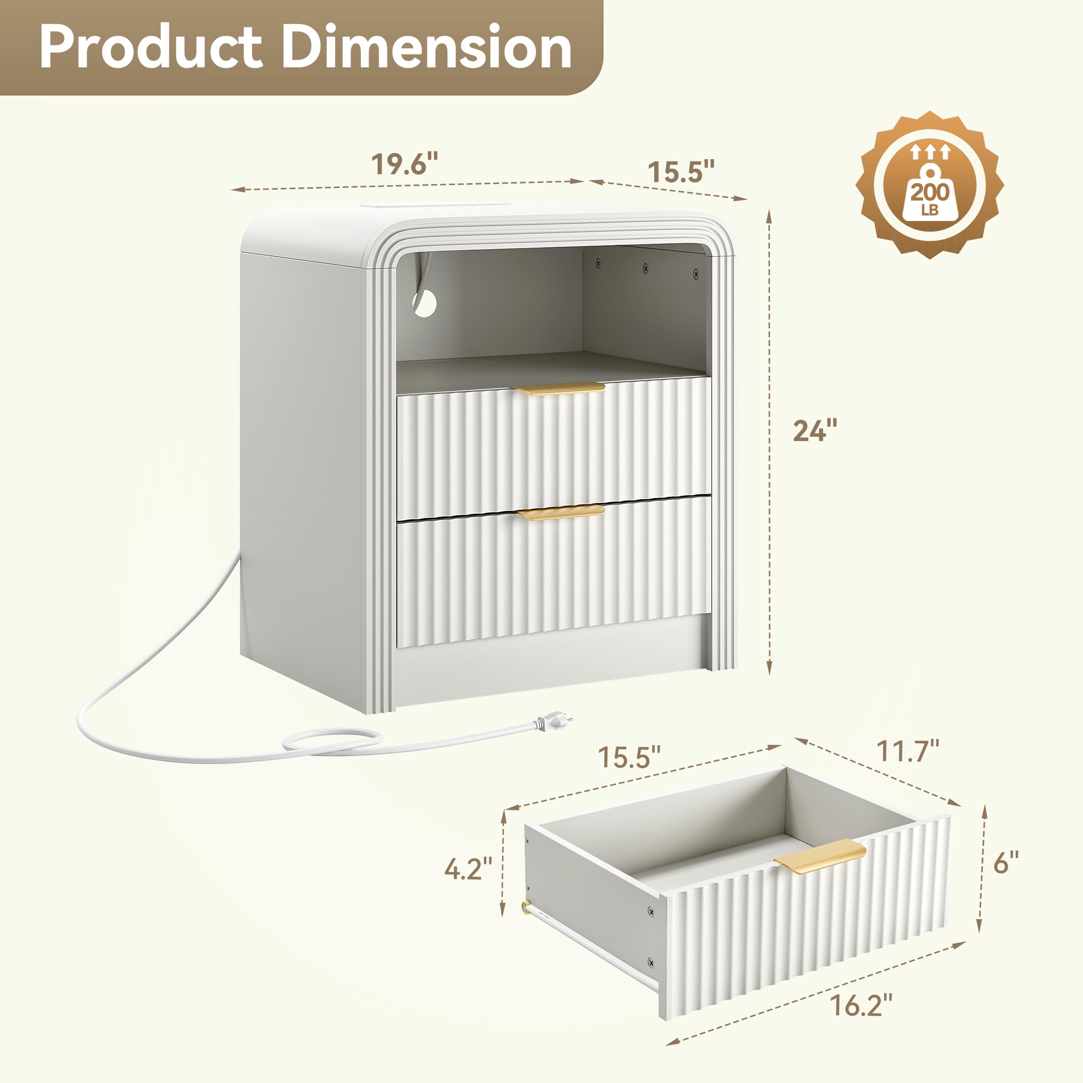 Fluted Nightstand with Charging Station