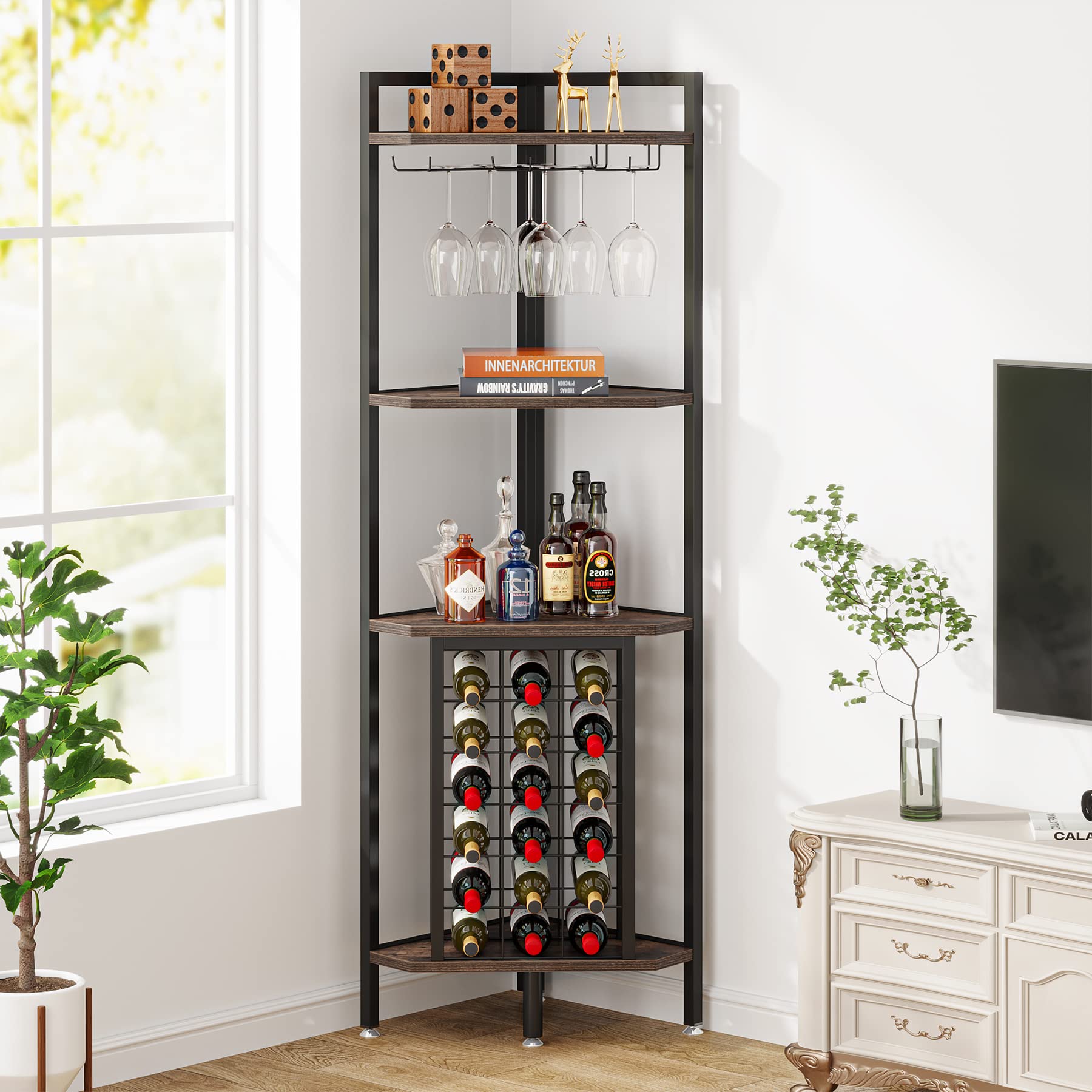 Corner Wine Rack with Glass Holder and Storage Shelves