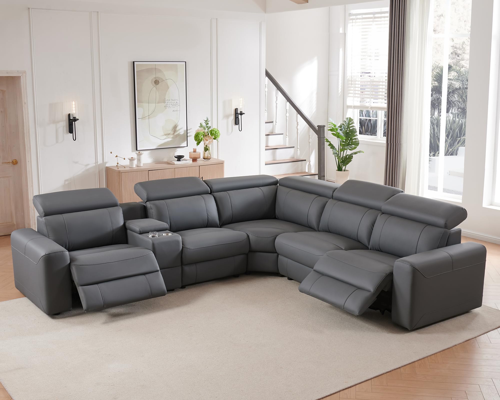 Power Recliner Sofa with Console - Electric Dual Reclining Leather Sectional Couch