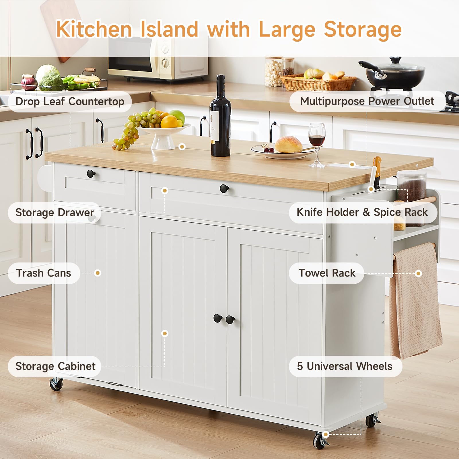 60" Kitchen Island with Power Outlet and Drop Leaf