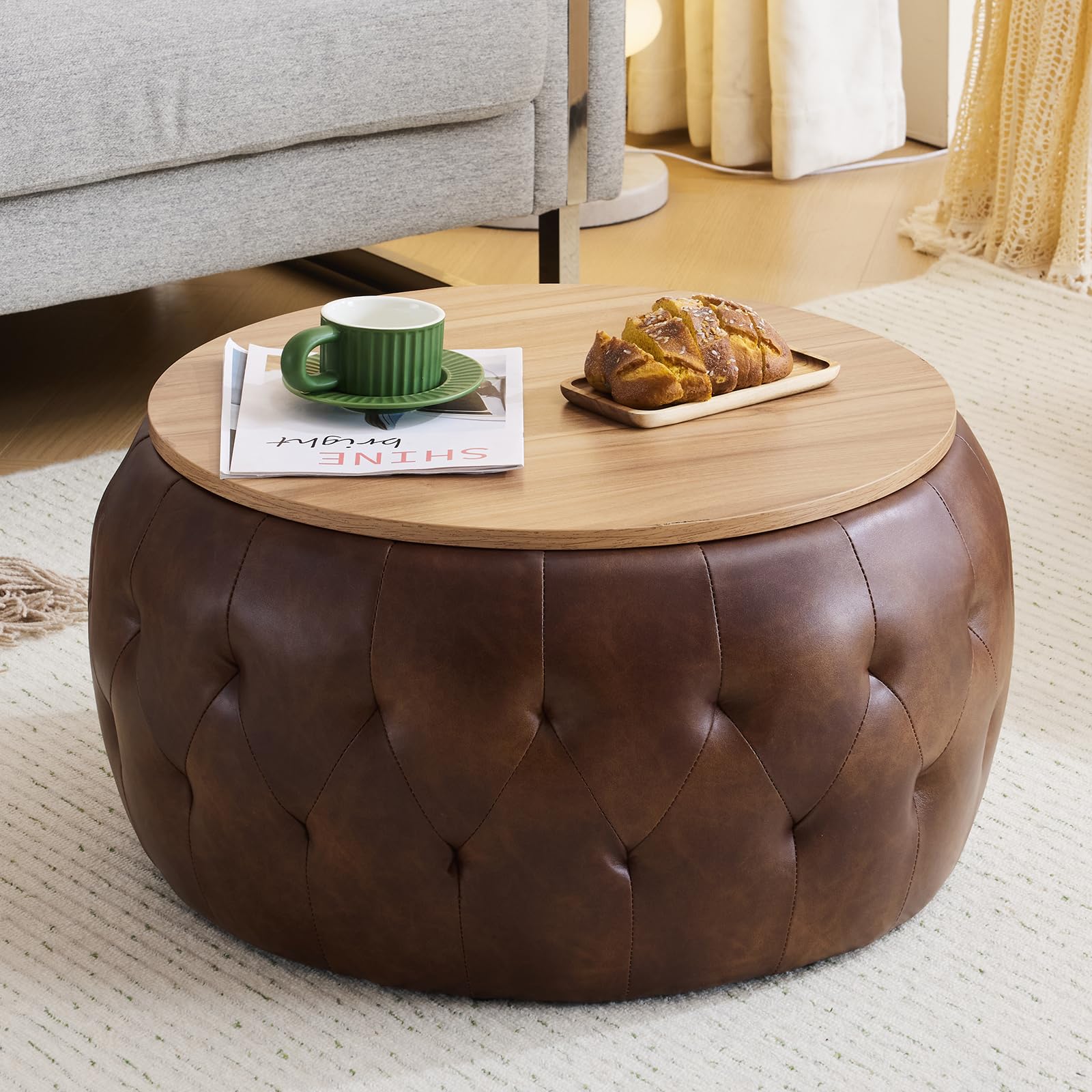Round Storage Ottoman Coffee Table with Wooden Tabletop