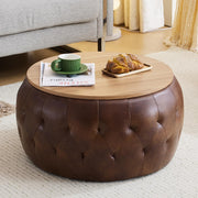 Round Storage Ottoman Coffee Table with Wooden Tabletop