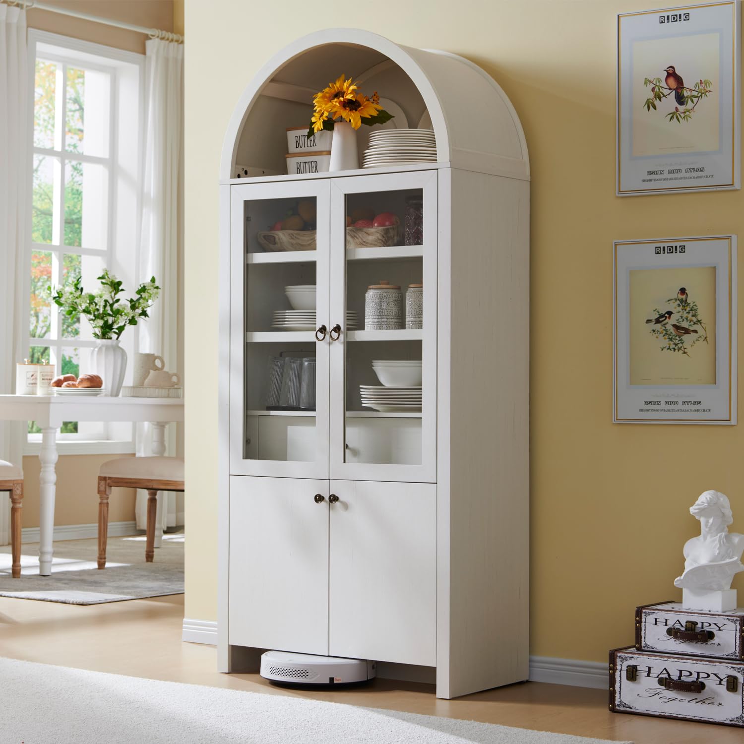 Arched Kitchen Pantry Cabinet with Glass Doors