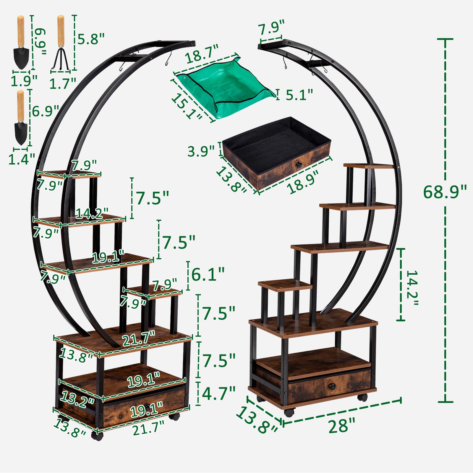 7-Tier Half Moon Plant Stand with Lockable Wheels