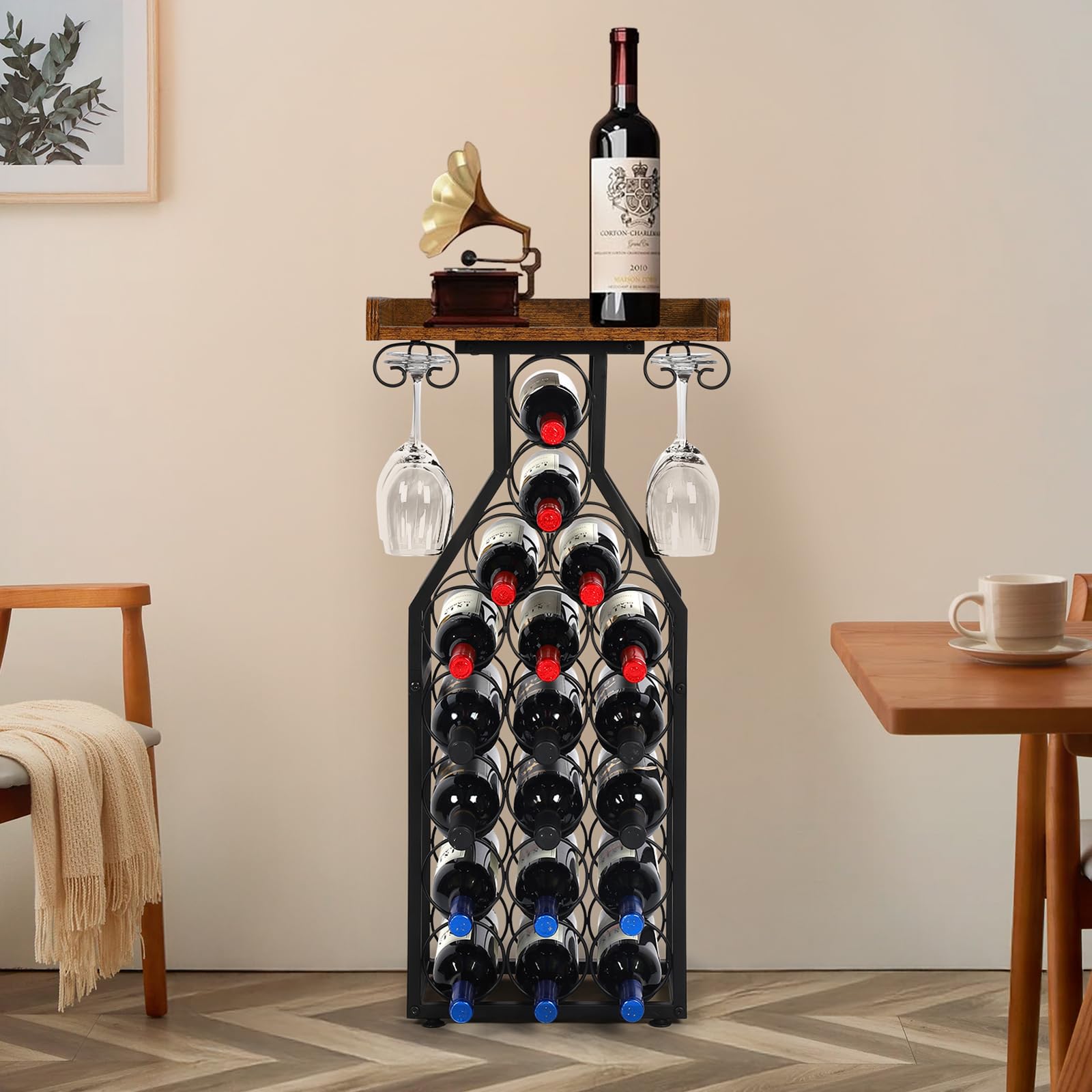 19-Bottle Wine Rack with Glass Holder and Wood Tabletop