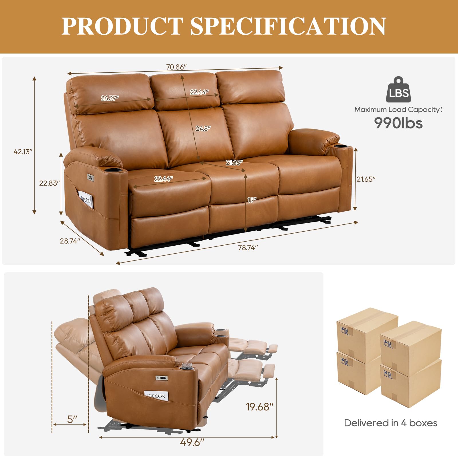 B BAIJIAWEI Power Reclining Sofa - 3 Seater Recliner Sofás, PU Leather Sofa, Home Theater Seating with Flipped Middle Backrest, Power Recliner Couch for Living Room(Brown)