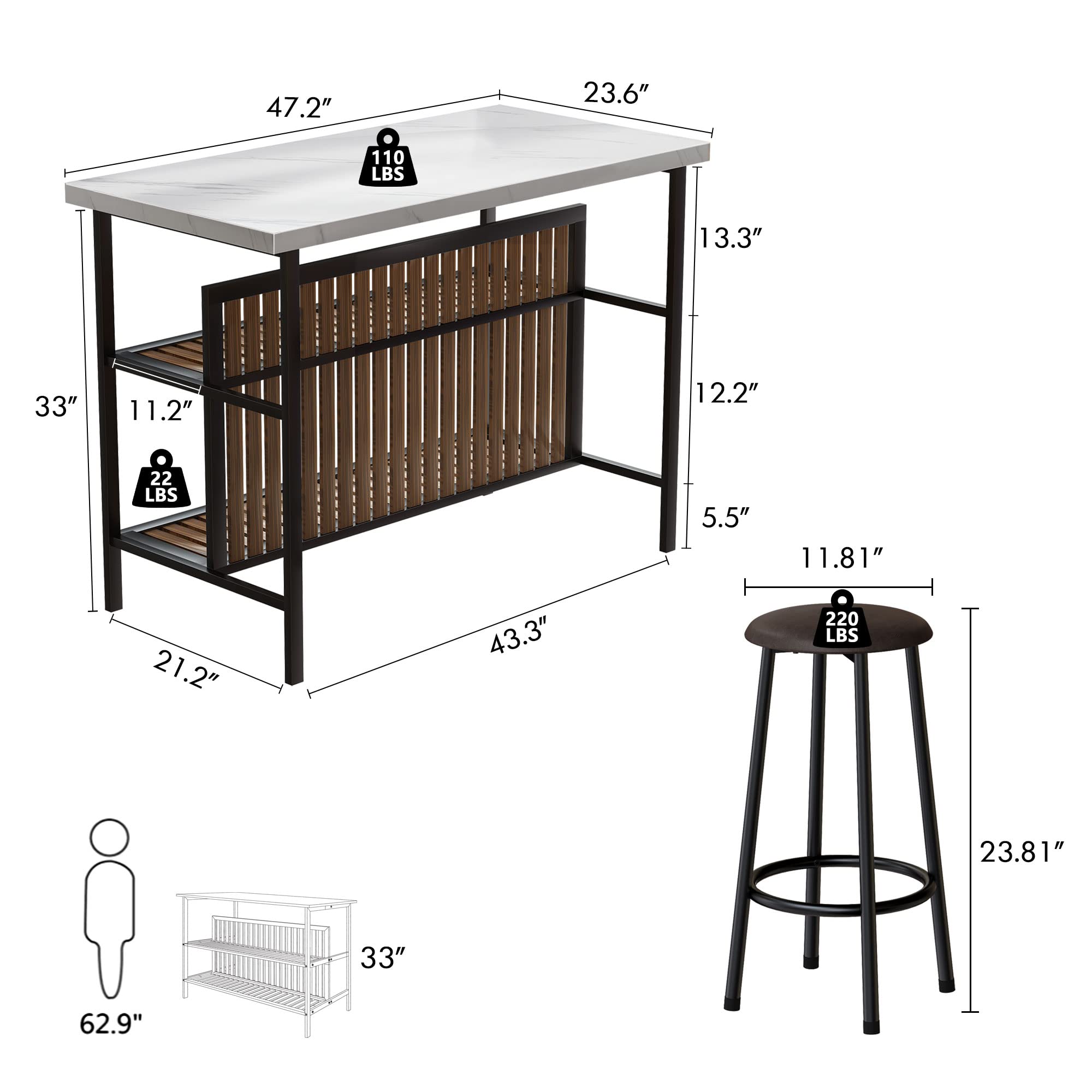3-Piece Counter Height Pub Set with Storage