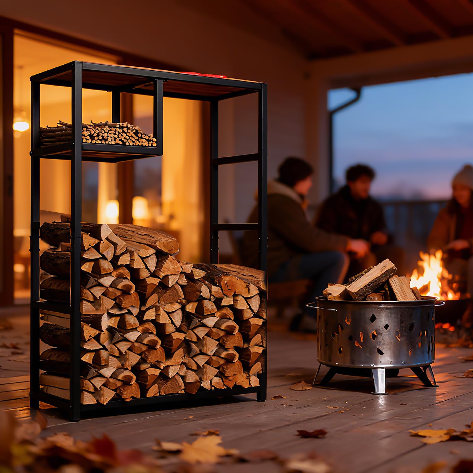Indoor Firewood Rack with Storage Shelf