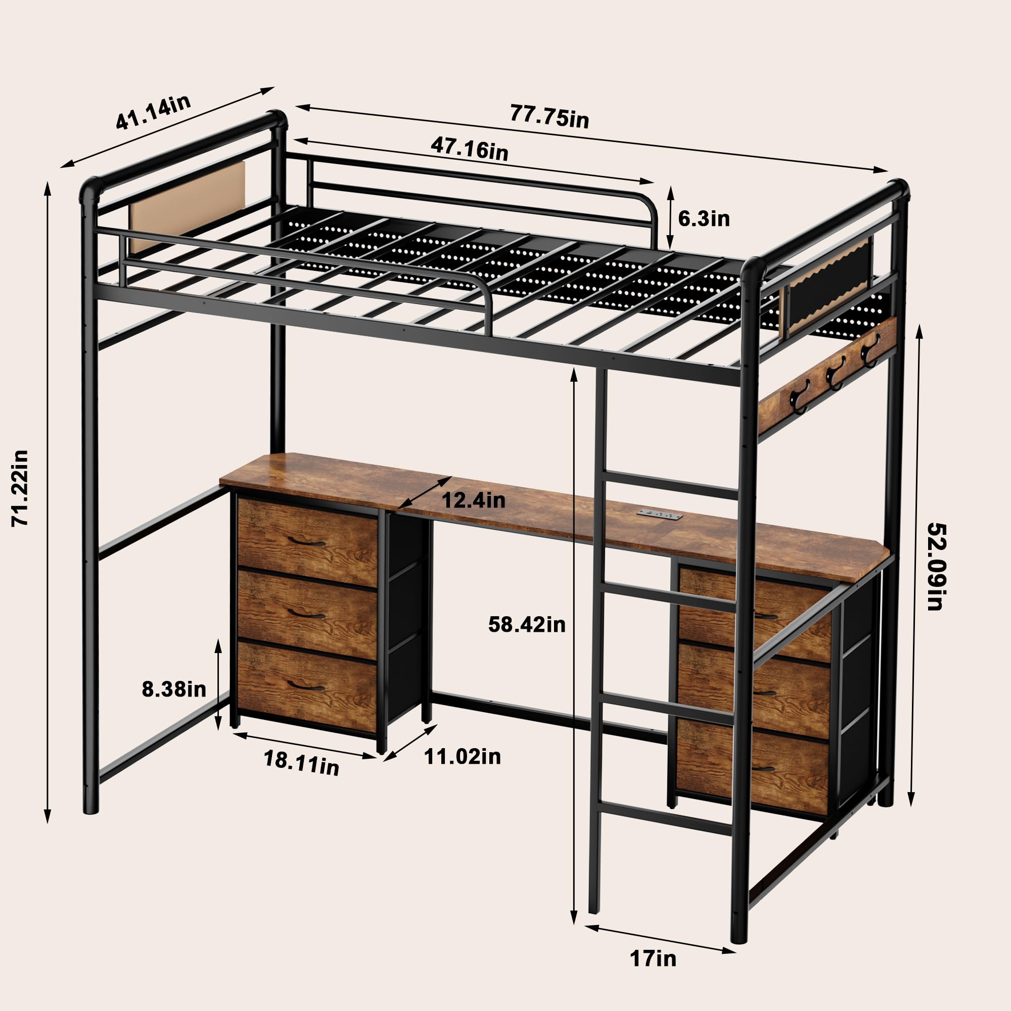 Twin Metal Loft Bed with Desk and Stairs