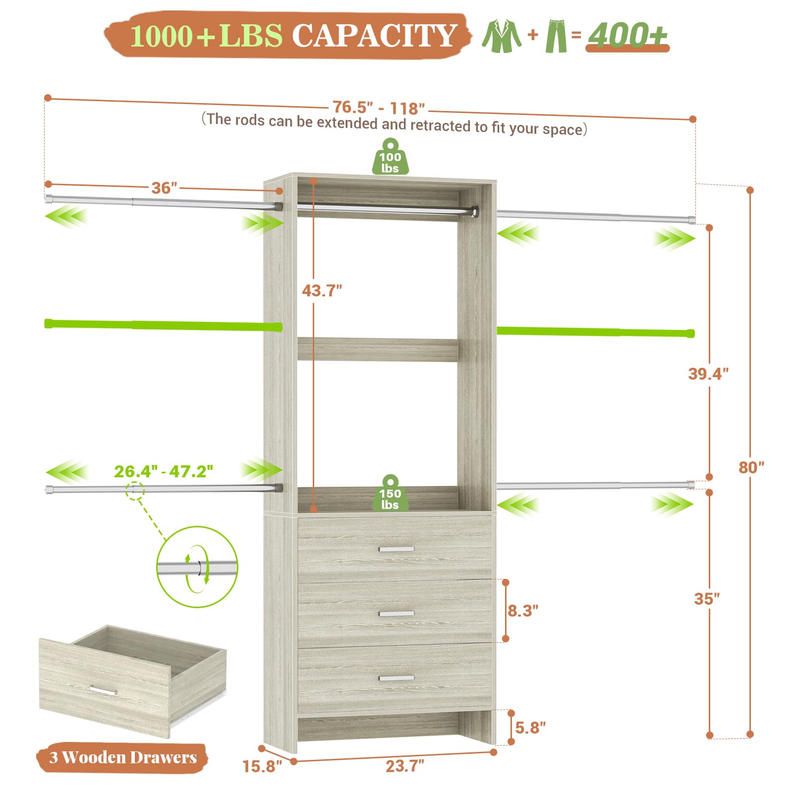 Wall-Mounted Closet System with 3 Drawers and 4 Hanging Rods