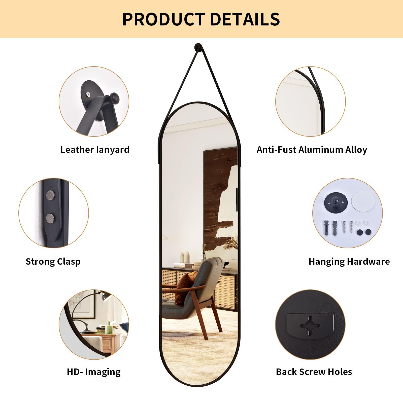 Full Length Oval Wall Mirror 16x48 with Leather Hanging Strap