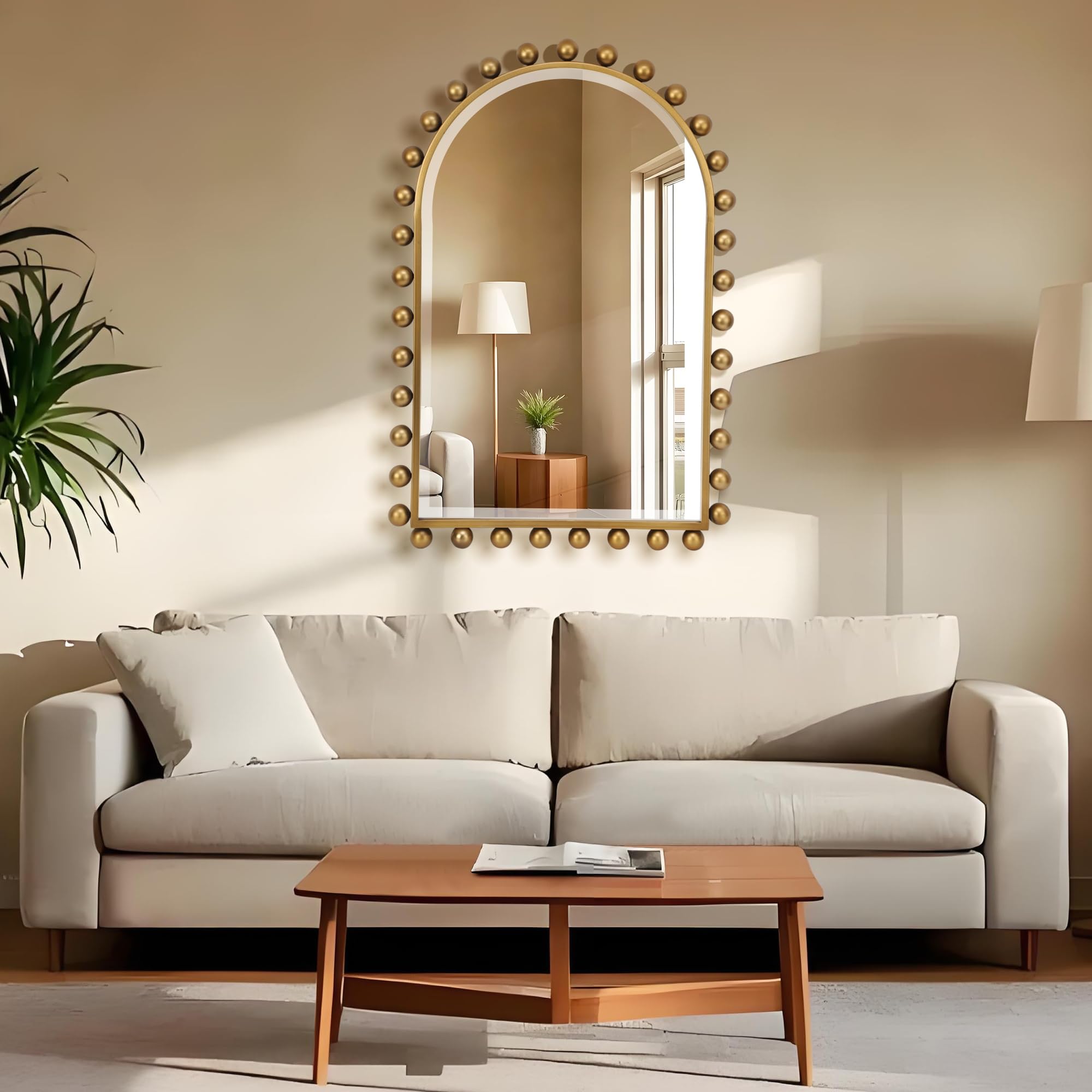 Arched Wall Mirror 24x36 Inch Antique Gold Ball Frame